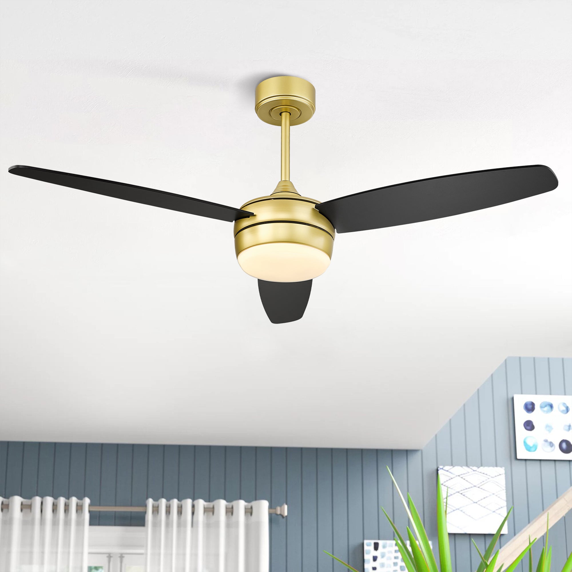 52 Inch Modern Gold Ceiling Fan - USAG00043 - LED Ceiling Fan with Light and Remote Control, with 3 Matte Black Blades for Living Room, Bedroom, Bathroom