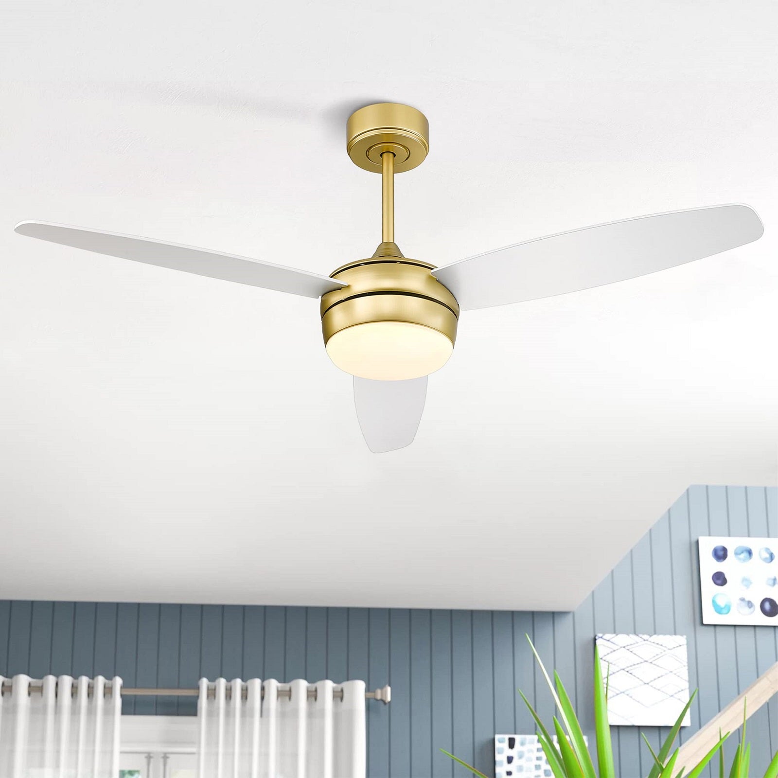 52 Inch Modern Gold Ceiling Fan - USAG00044 - LED Ceiling Fan with Light and Remote Control, with 3 White Blades for Living room, Bedroom, Bathroom