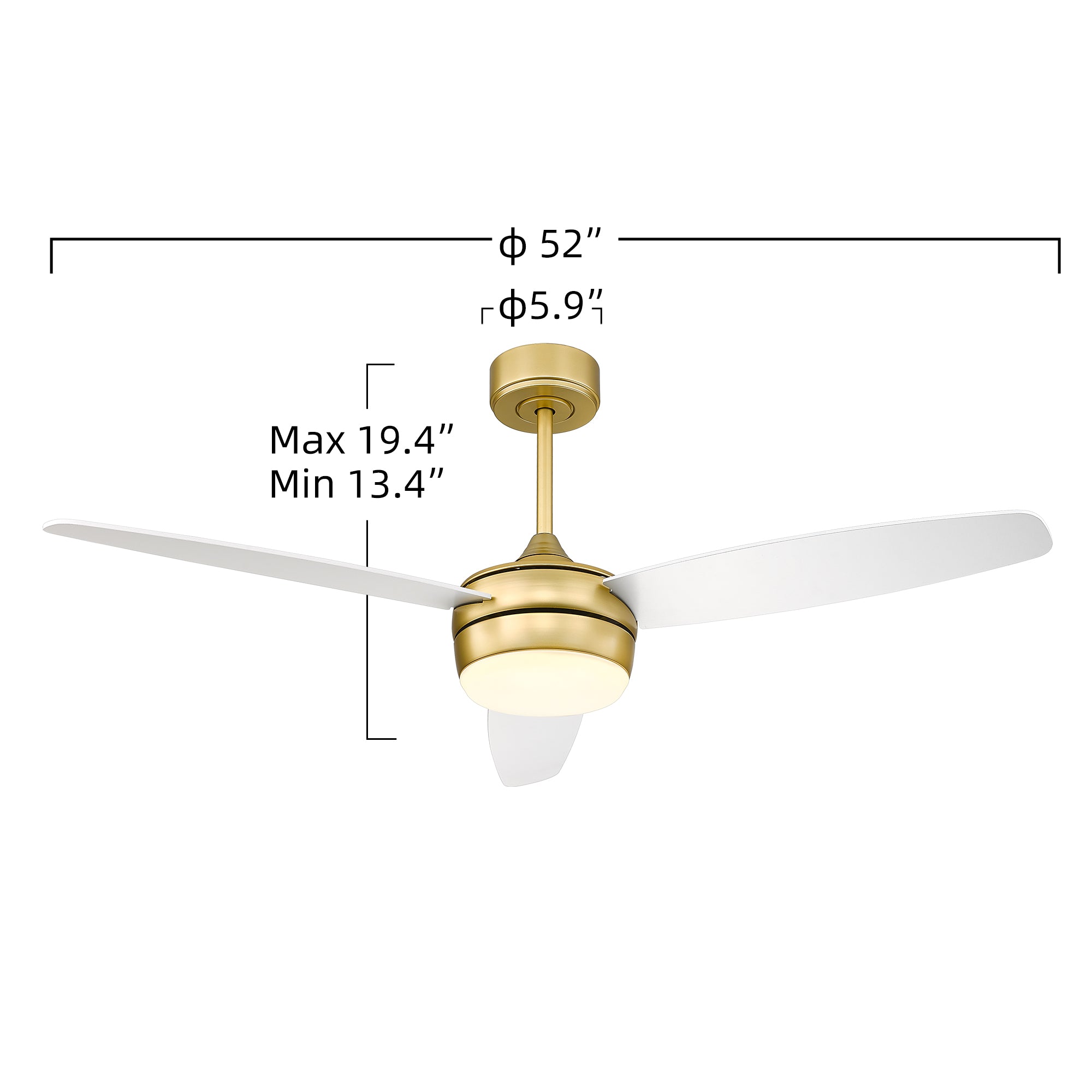 52 Inch Modern Gold Ceiling Fan - USAG00044 - LED Ceiling Fan with Light and Remote Control, with 3 White Blades for Living room, Bedroom, Bathroom