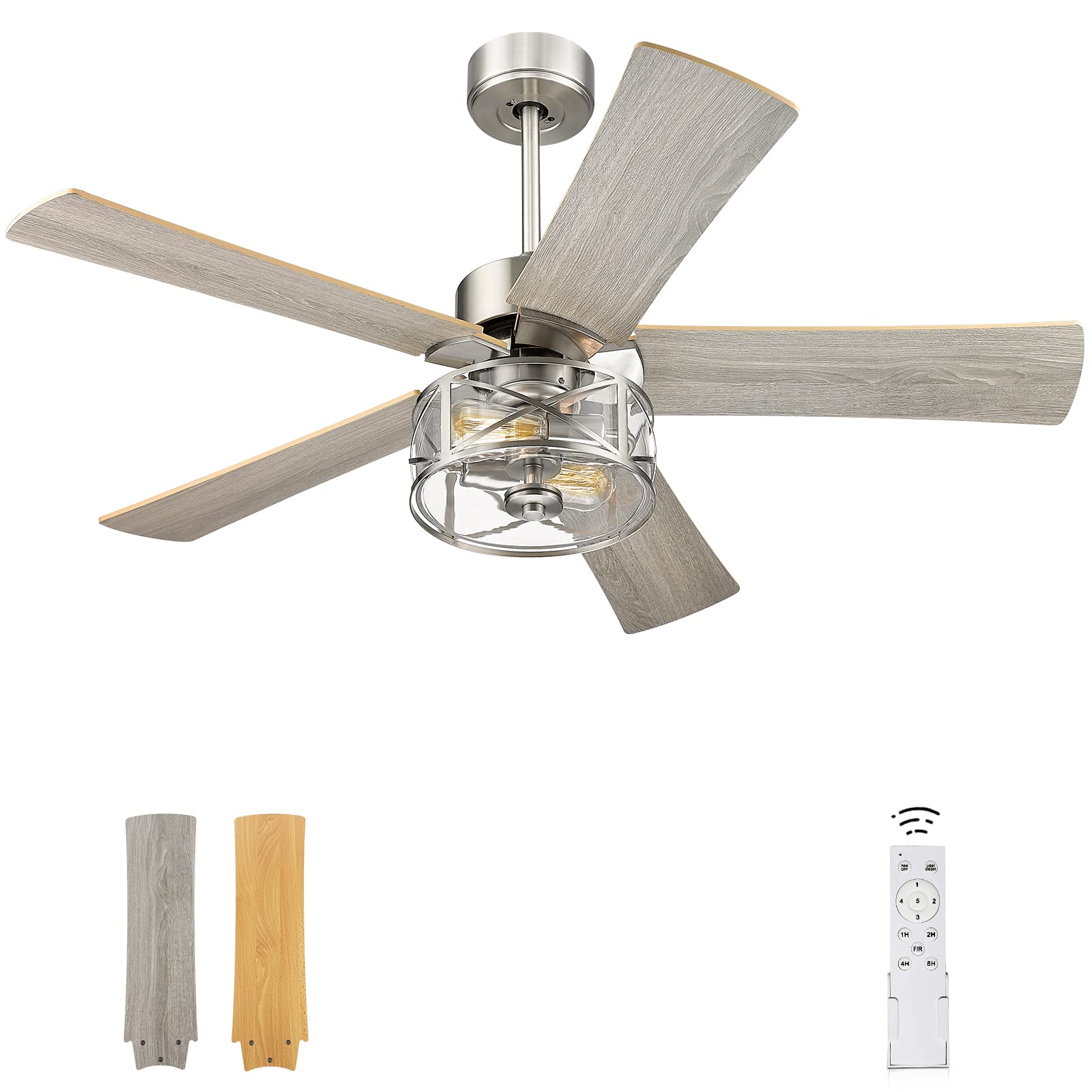 48 Inch Farmhouse Industrial Ceiling Fan - USAG00045 - with Light and Remote Control, Clear Glass, 5-Reversible Blades with Gray Oak/Burlywood Finish