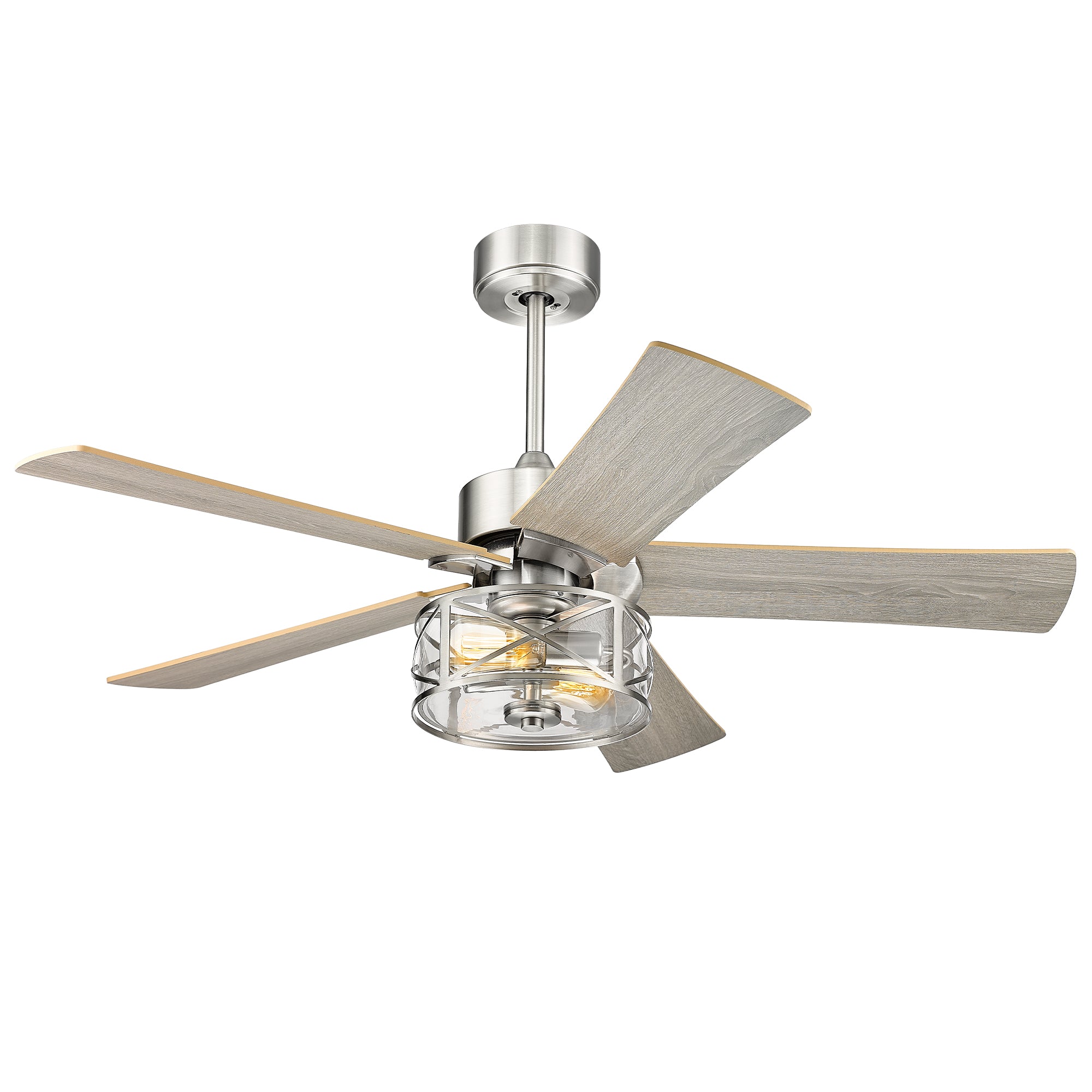 48 Inch Farmhouse Industrial Ceiling Fan - USAG00045 - with Light and Remote Control, Clear Glass, 5-Reversible Blades with Gray Oak/Burlywood Finish