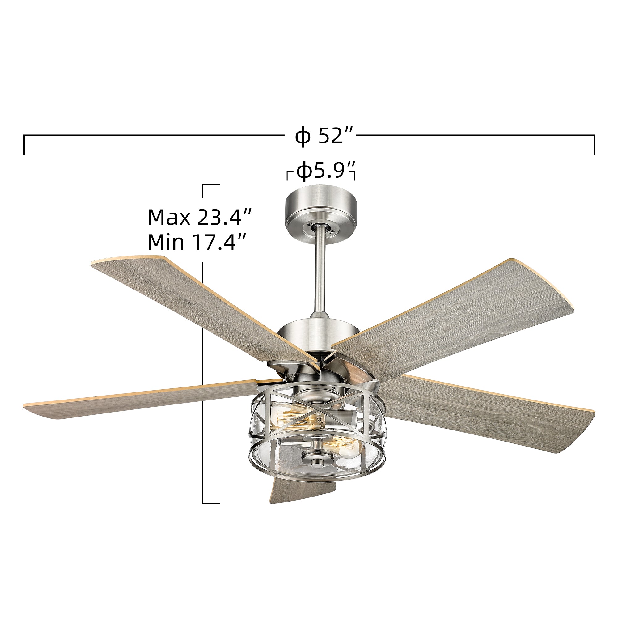 48 Inch Farmhouse Industrial Ceiling Fan - USAG00045 - with Light and Remote Control, Clear Glass, 5-Reversible Blades with Gray Oak/Burlywood Finish