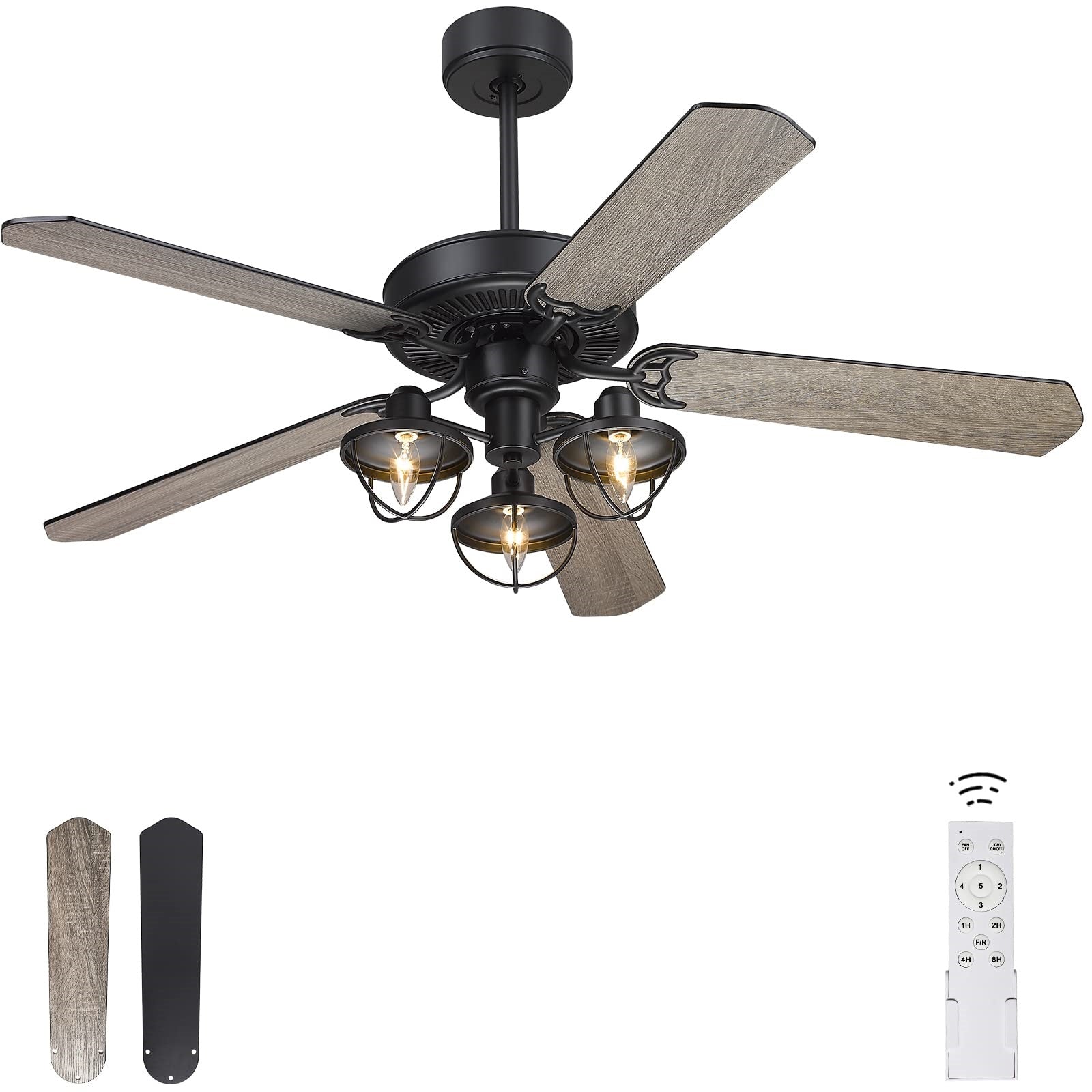 52 Inch Farmhouse Wooden Ceiling Fans - USAG00046 - with 3 Lights and Remote Control, 5-Reversible Blades Indoor/Outdoor, Matte Black/Barnwood Finish