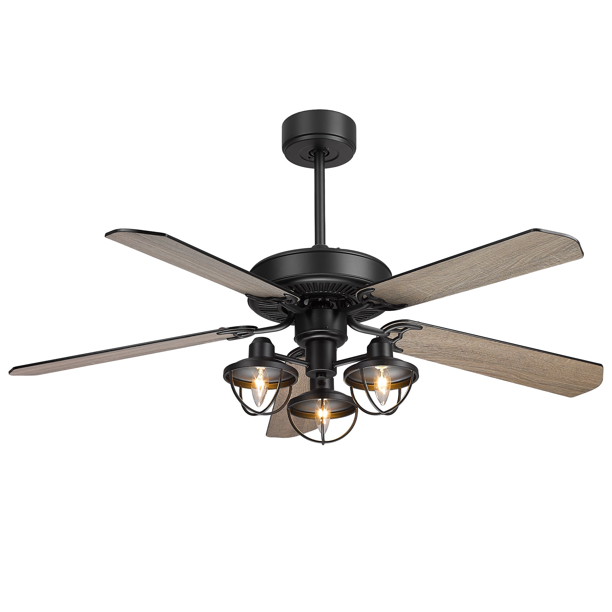 52 Inch Farmhouse Wooden Ceiling Fans - USAG00046 - with 3 Lights and Remote Control, 5-Reversible Blades Indoor/Outdoor, Matte Black/Barnwood Finish