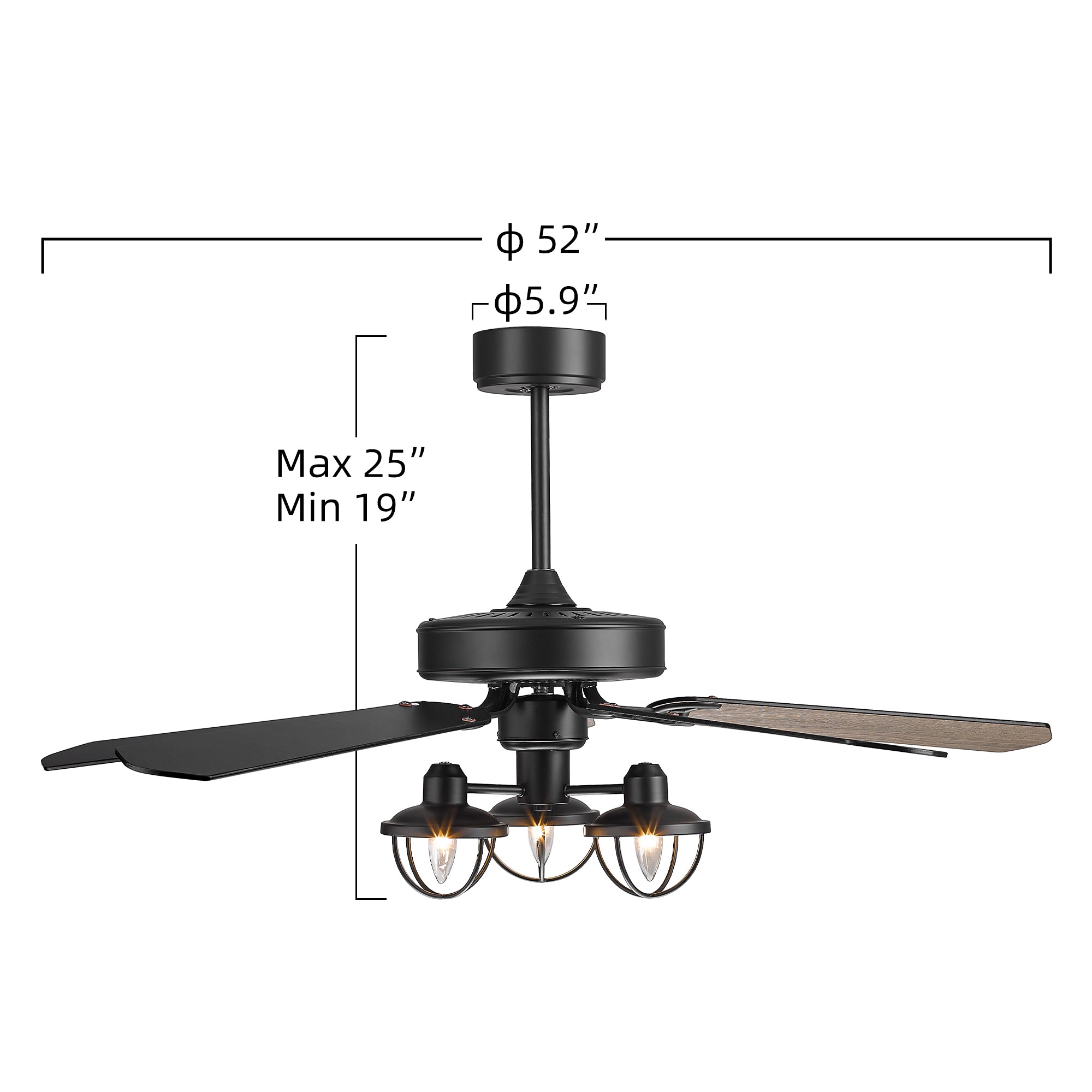 52 Inch Farmhouse Wooden Ceiling Fans - USAG00046 - with 3 Lights and Remote Control, 5-Reversible Blades Indoor/Outdoor, Matte Black/Barnwood Finish