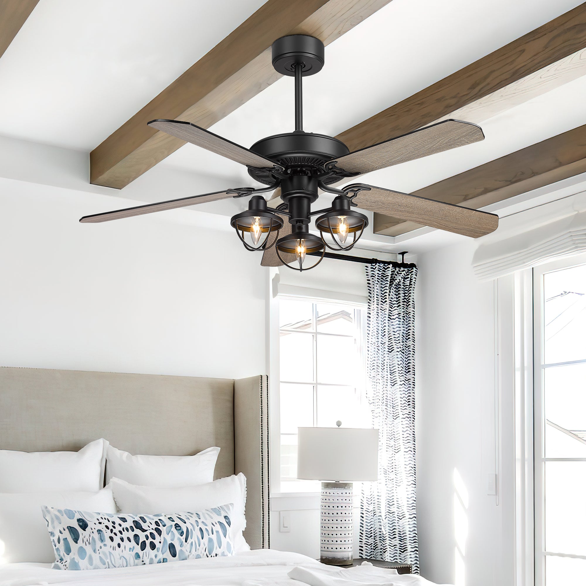 52 Inch Farmhouse Wooden Ceiling Fans - USAG00046 - with 3 Lights and Remote Control, 5-Reversible Blades Indoor/Outdoor, Matte Black/Barnwood Finish