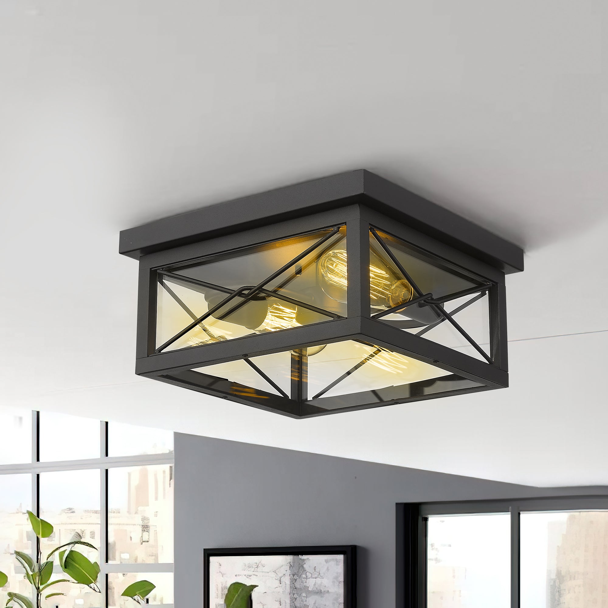 Matte Black Glass & Metal- 12 Inch Ceiling Light 2-Light Flush Mount Ceiling Light Fixture in Black Finish - USAG00049