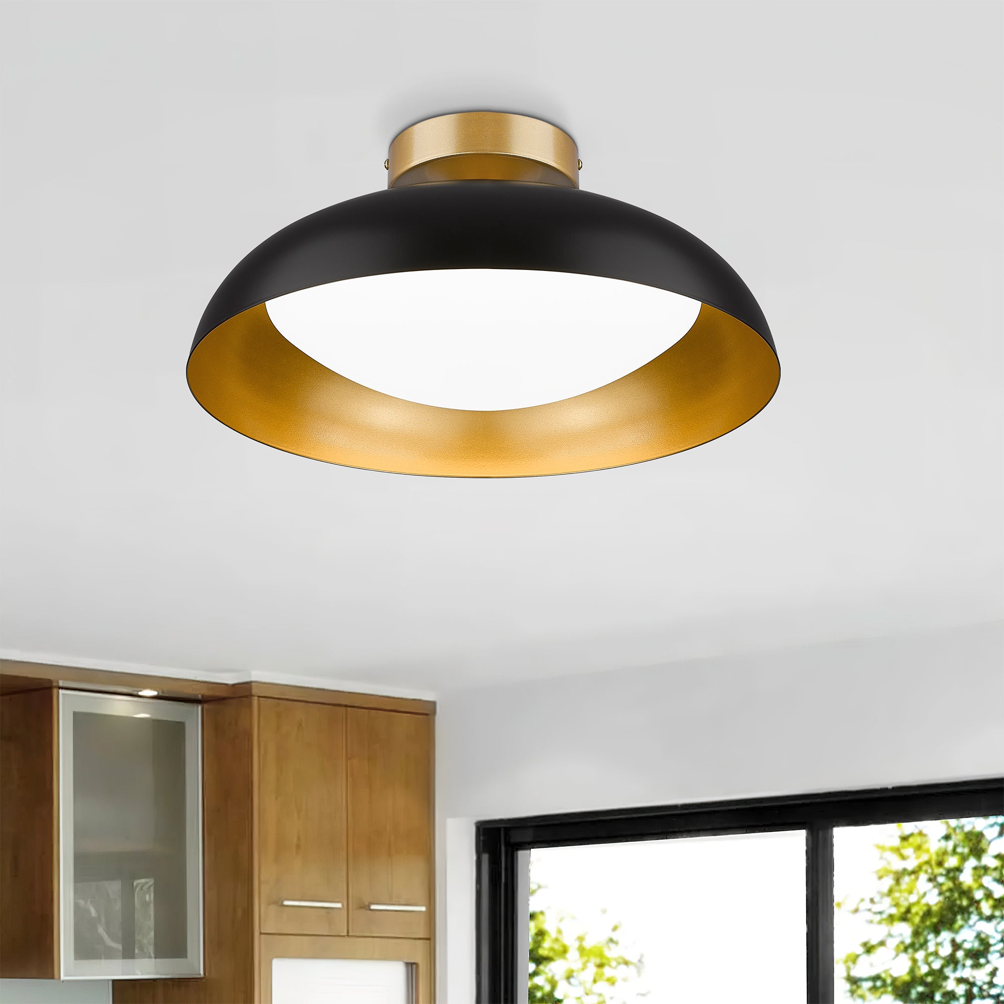 Semi Flush Mount Black and Gold Finish Metal - 15 inch LED 12W/1200lm 3000K/4000K/5000K Adjustable Ceiling Light - USAG00055