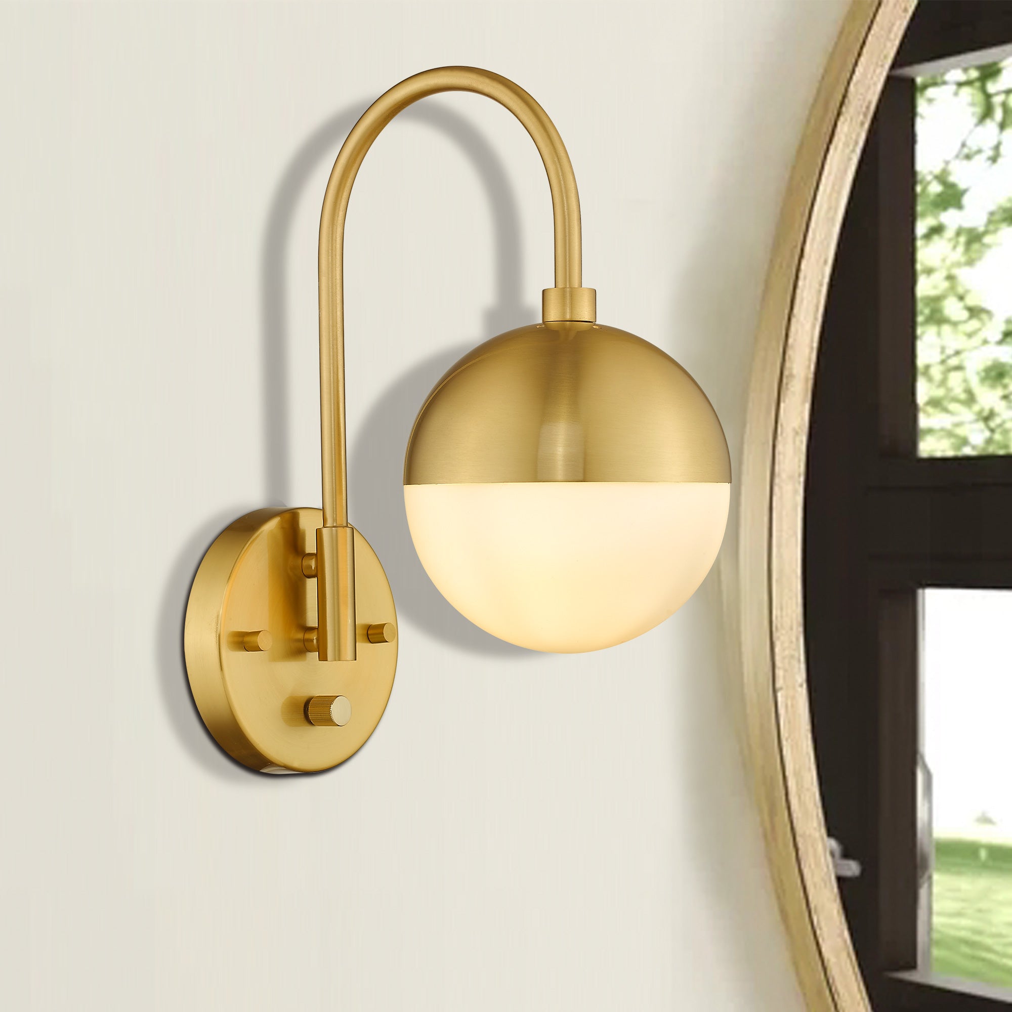 Brushed Gold Glass & Metal - Modern Wall Lamp With White Globe Glass Gold Wall Sconce Wall Light With Brushed Brass Finished For Bedroom Bathroom Living Room - USAG00059