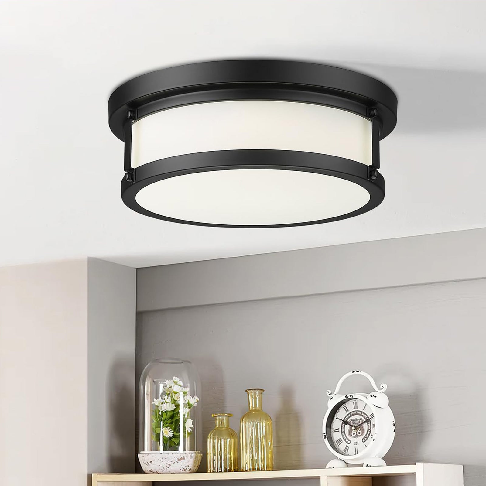 Black Flush Mount Metal Shade - 12 Inch LED Ceiling Light 12W/1200lm, 3000K/4000K/6000K Adjustbale - USAG00060