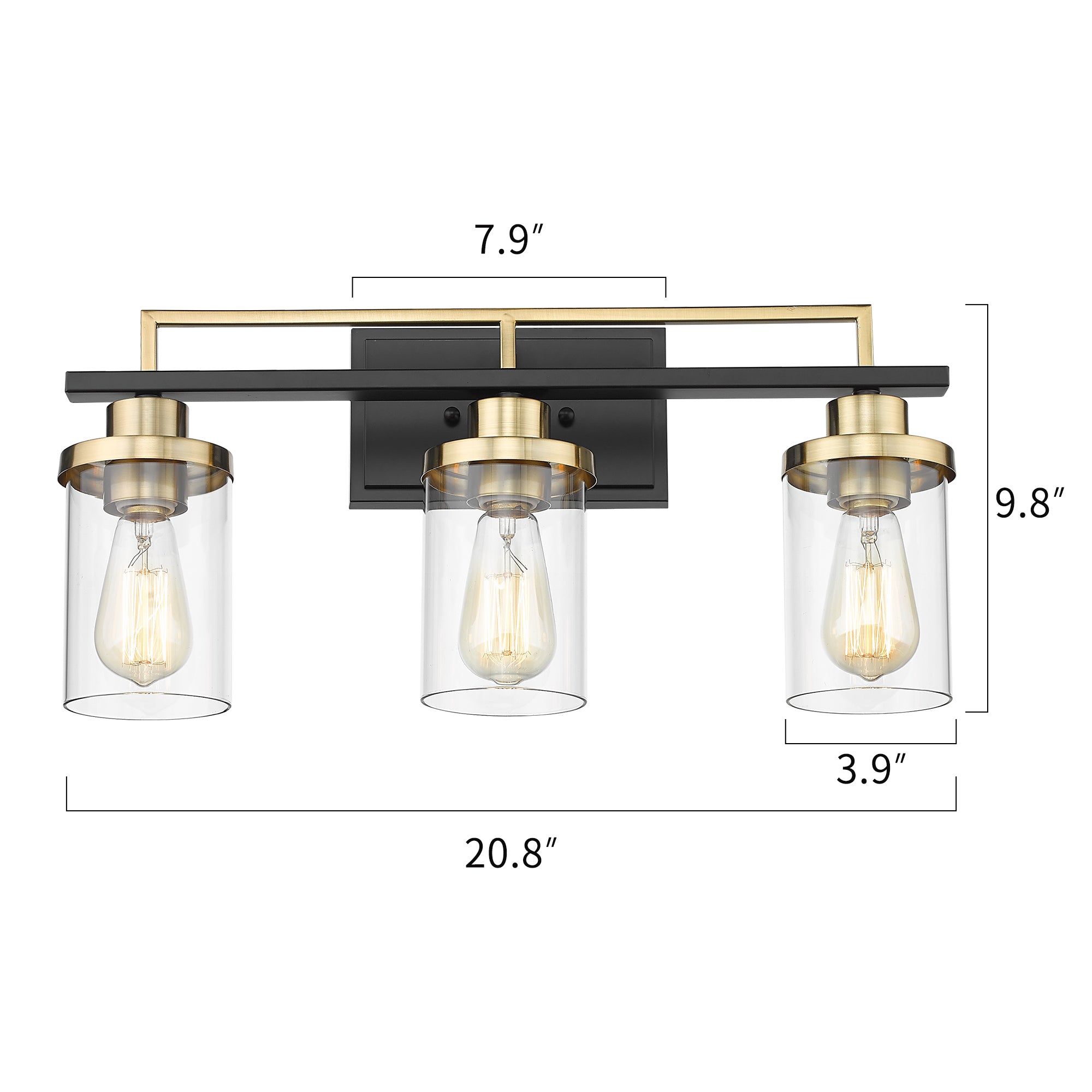 Matte Black & Gold Glass & Metal - 20 Inch 3-Light Bathroom Vanity Light Fixtures - Black and Gold Finish with Clear Glass - USAG00064