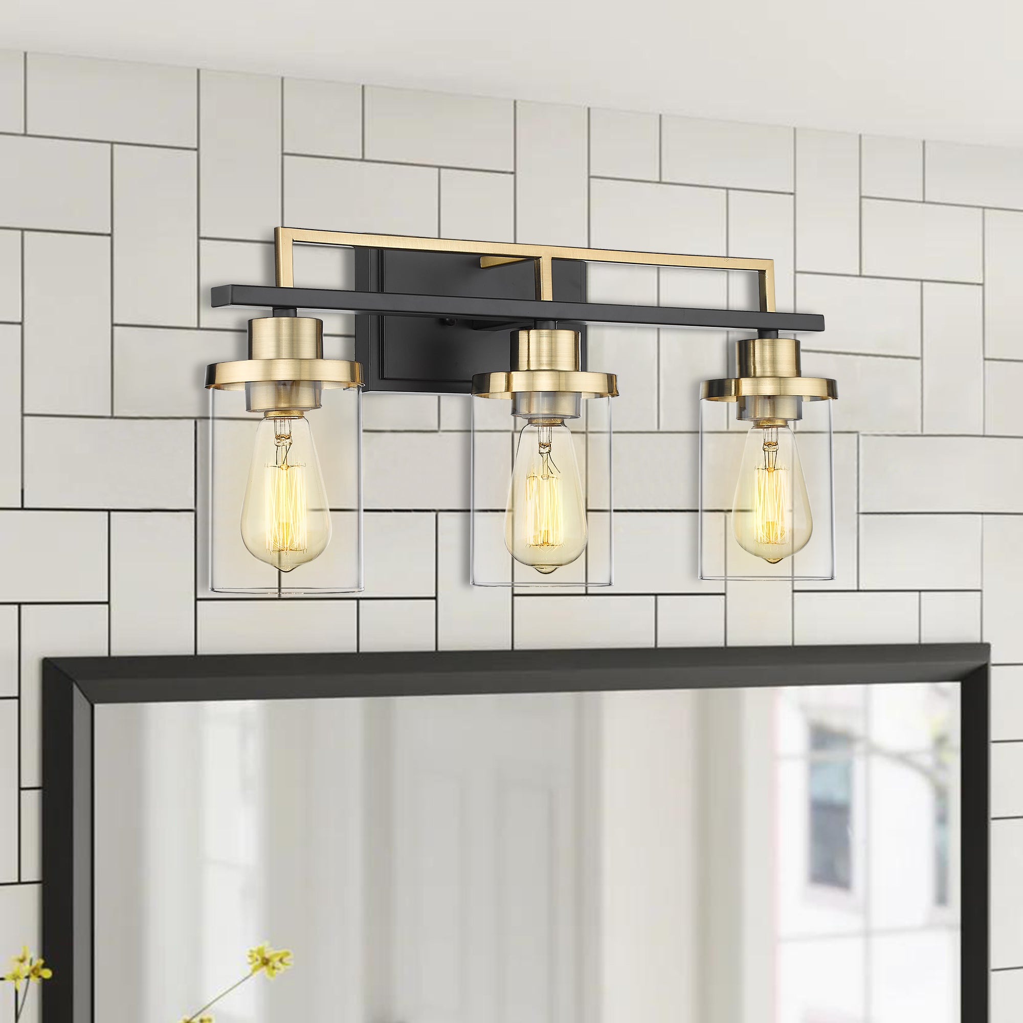 Matte Black & Gold Glass & Metal - 20 Inch 3-Light Bathroom Vanity Light Fixtures - Black and Gold Finish with Clear Glass - USAG00064