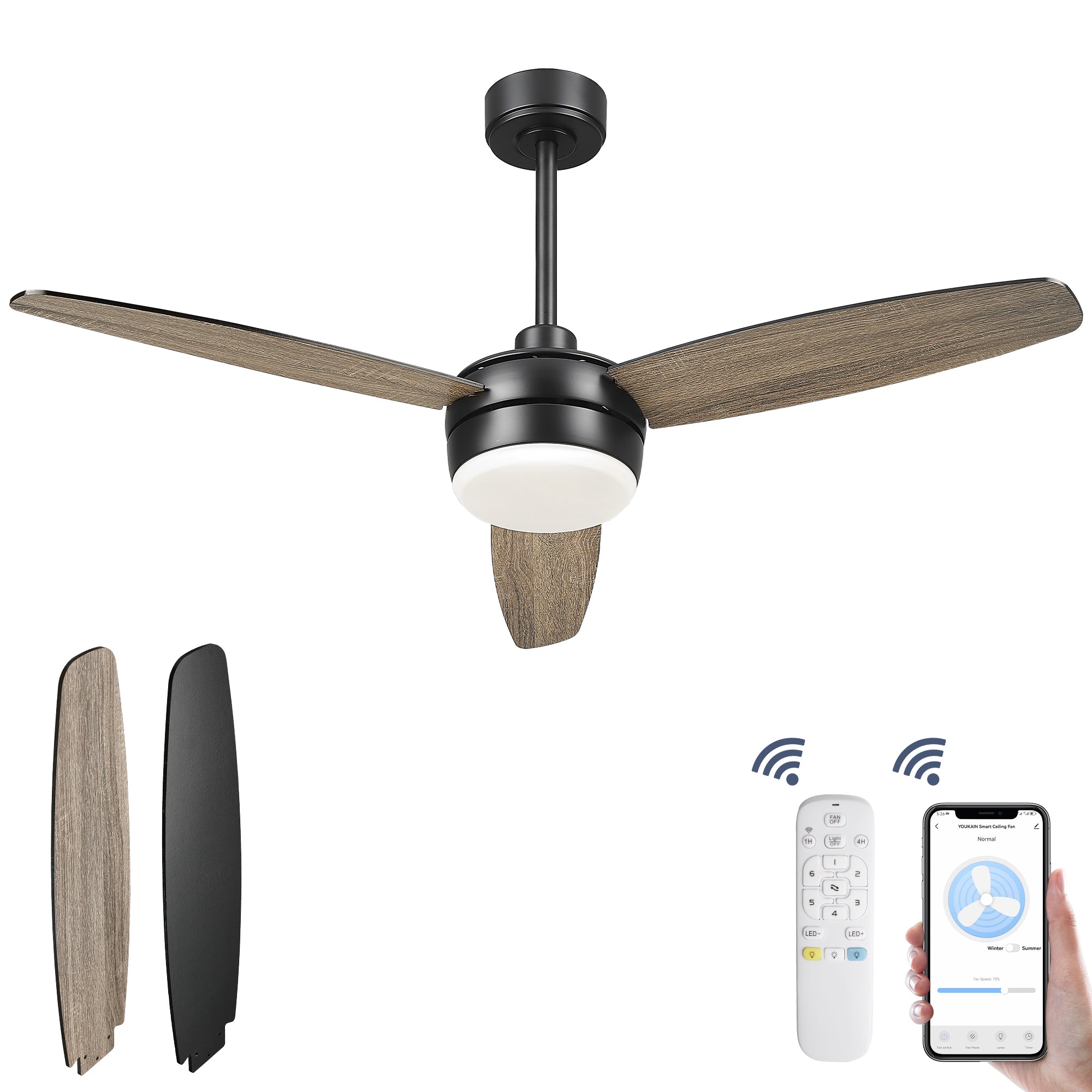 52 Inch Ceiling Fan with Lights - USAG00066 - Smart Ceiling Fan Remote & APP Control, Reversible Blades with Matte Black/Wooden Finish for Indoor/Outdoor