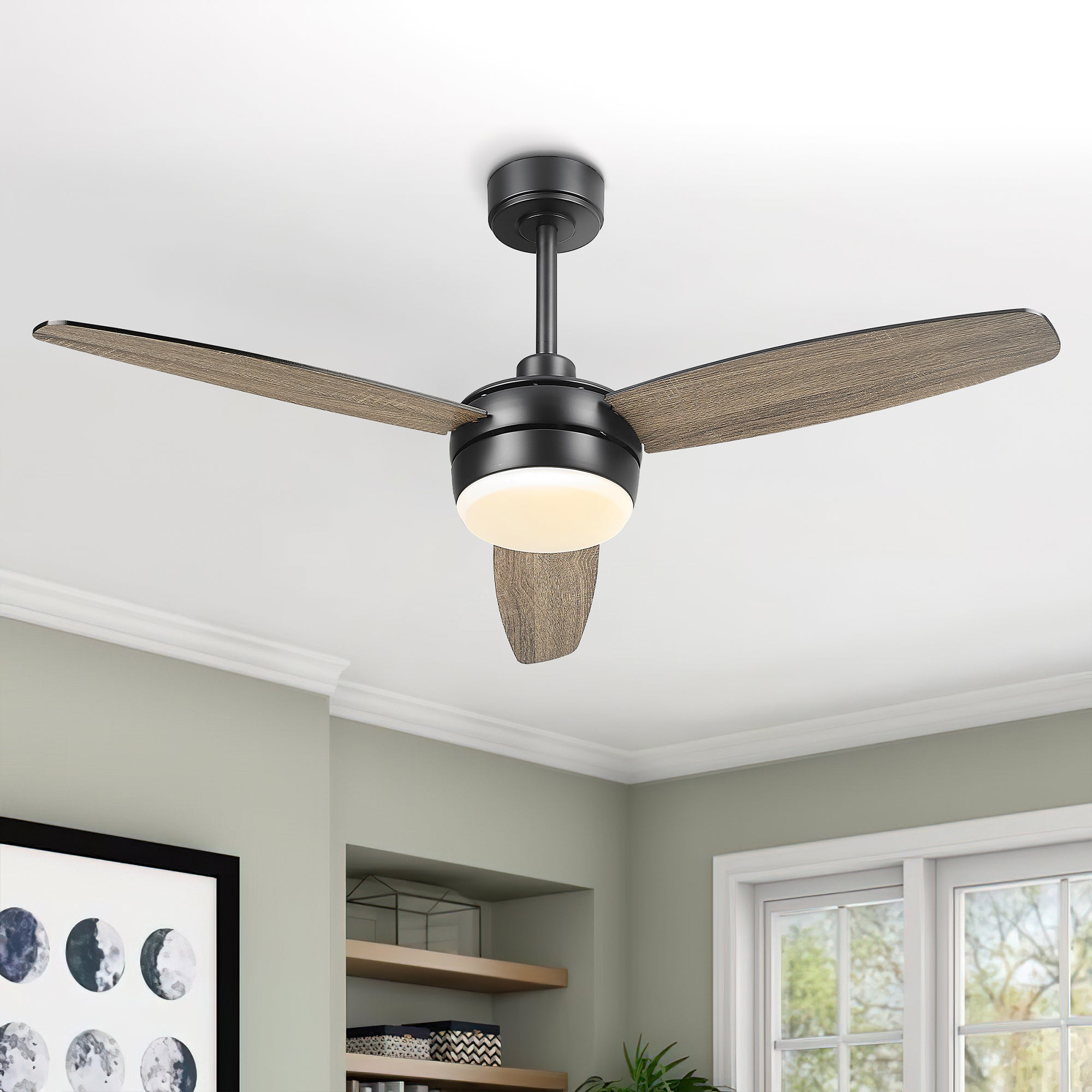 52 Inch Ceiling Fan with Lights - USAG00066 - Smart Ceiling Fan Remote & APP Control, Reversible Blades with Matte Black/Wooden Finish for Indoor/Outdoor