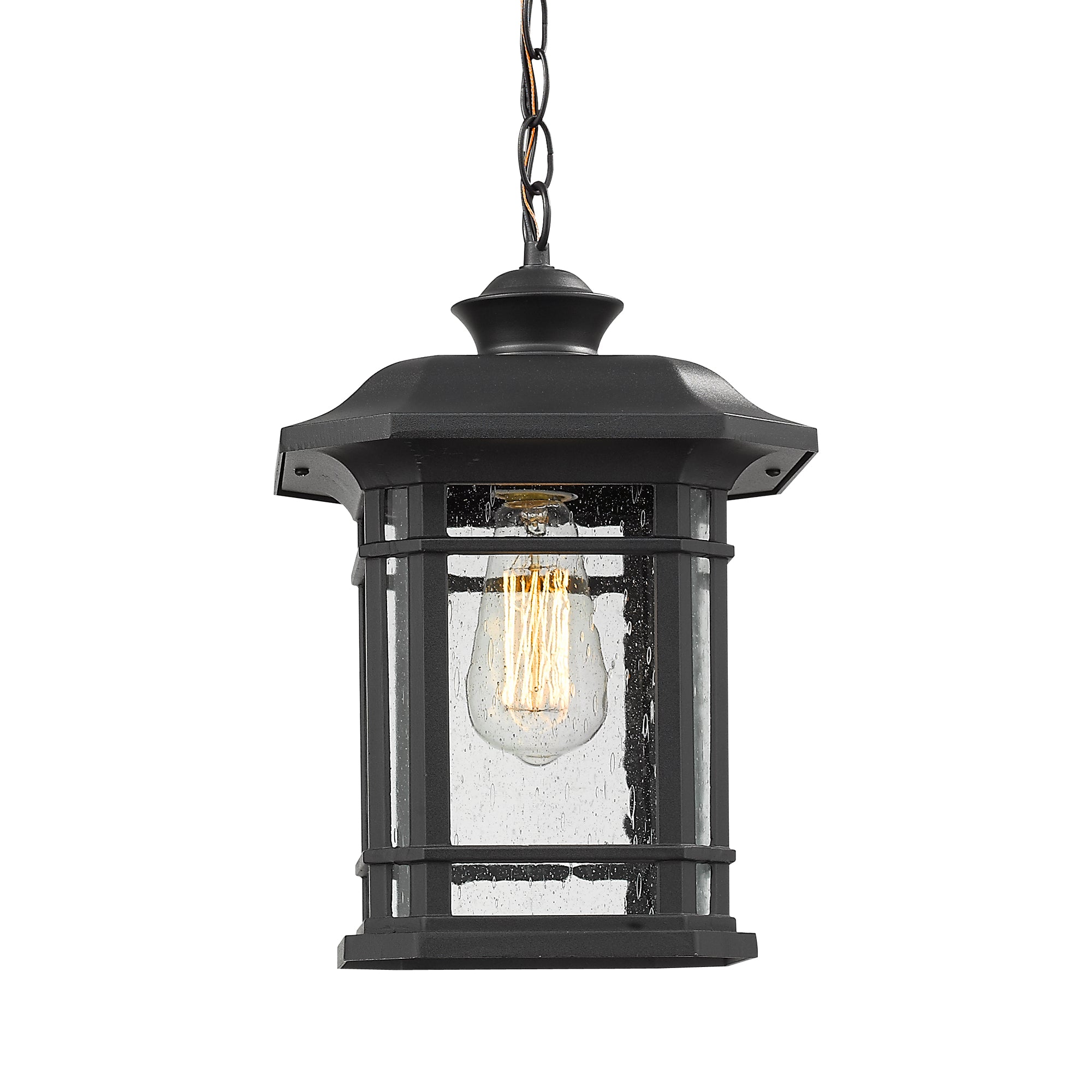 Matte Black Glass & Metal - 9.4 Inch Black Modern Exterior Pendant Light Lantern - USAG00067