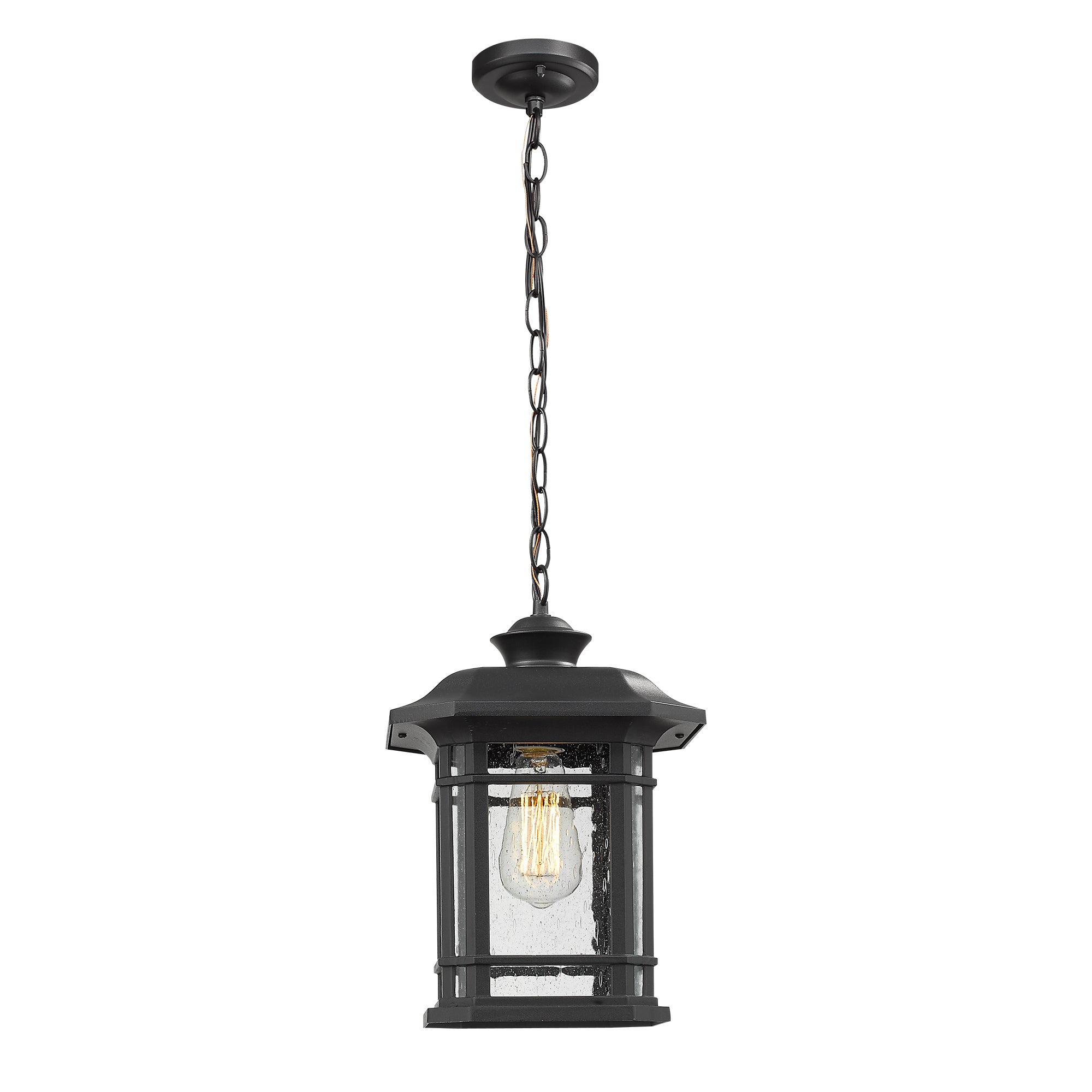 Matte Black Glass & Metal - 9.4 Inch Black Modern Exterior Pendant Light Lantern - USAG00067