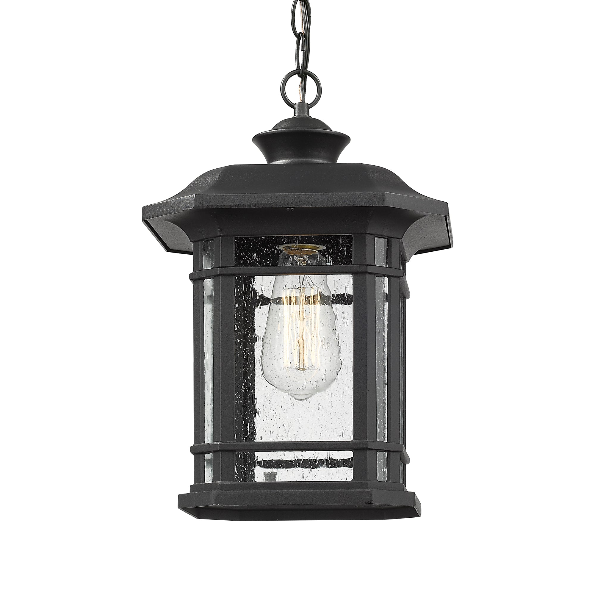 Matte Black Glass & Metal - 9.4 Inch Black Modern Exterior Pendant Light Lantern - USAG00067