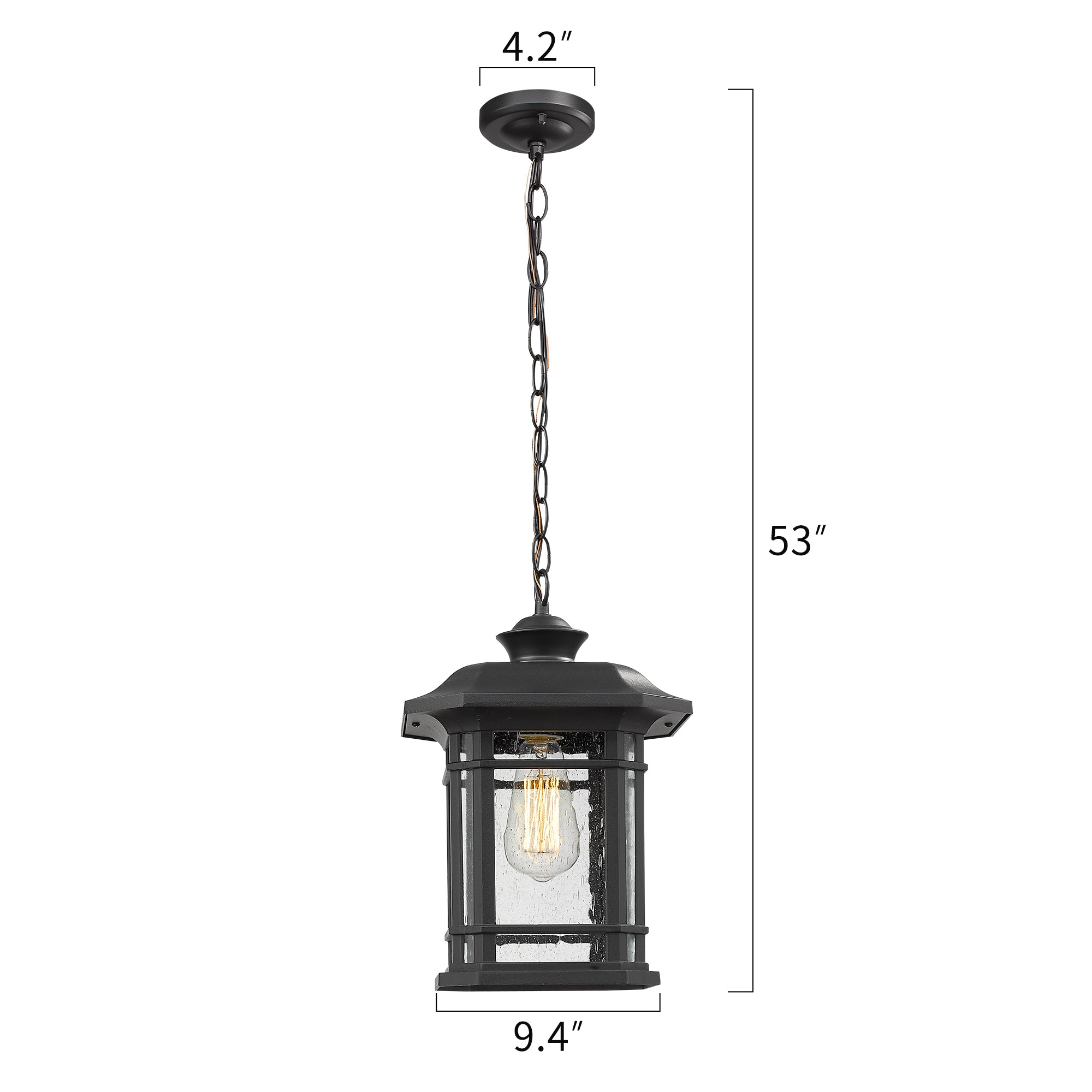 Matte Black Glass & Metal - 9.4 Inch Black Modern Exterior Pendant Light Lantern - USAG00067