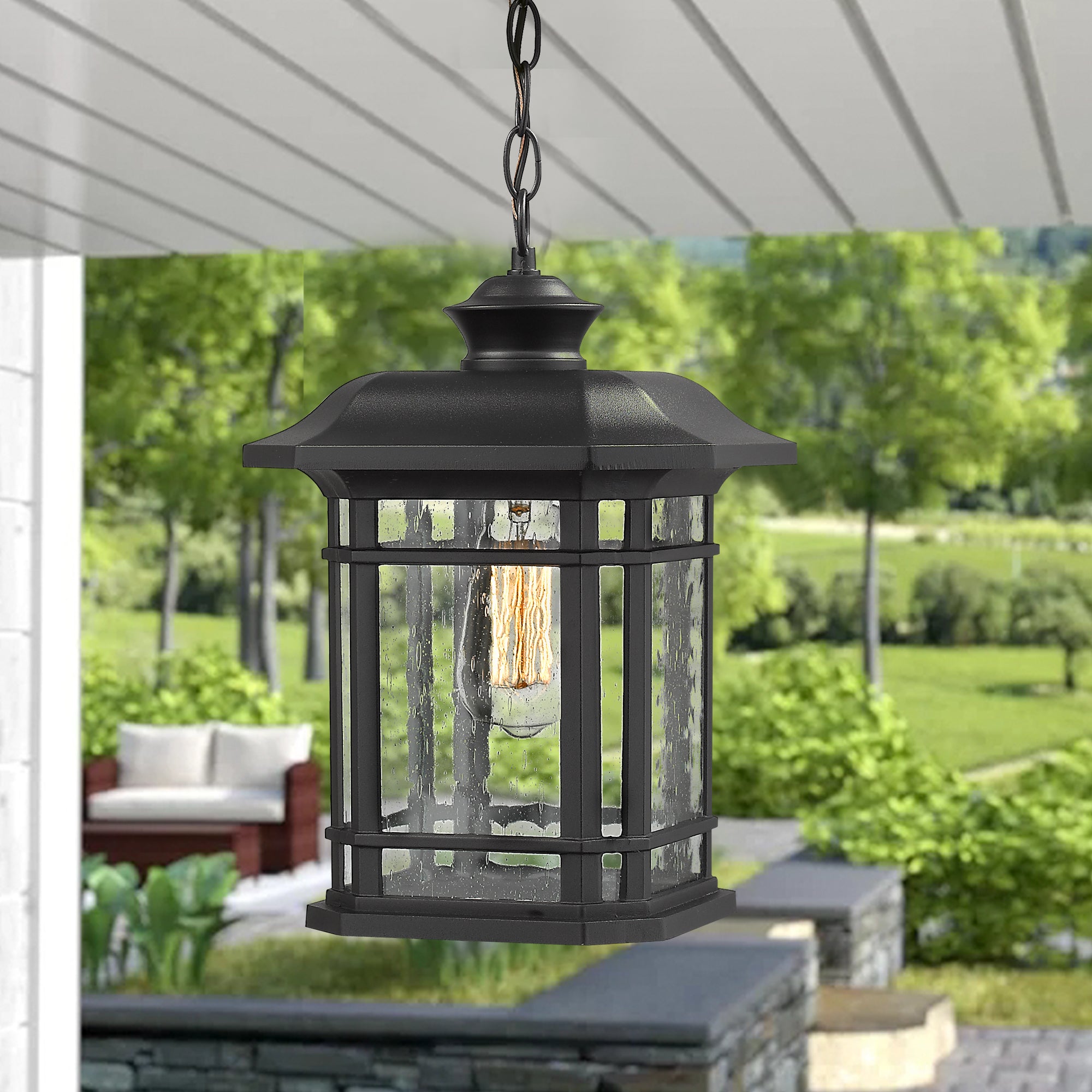 Matte Black Glass & Metal - 9.4 Inch Black Modern Exterior Pendant Light Lantern - USAG00067