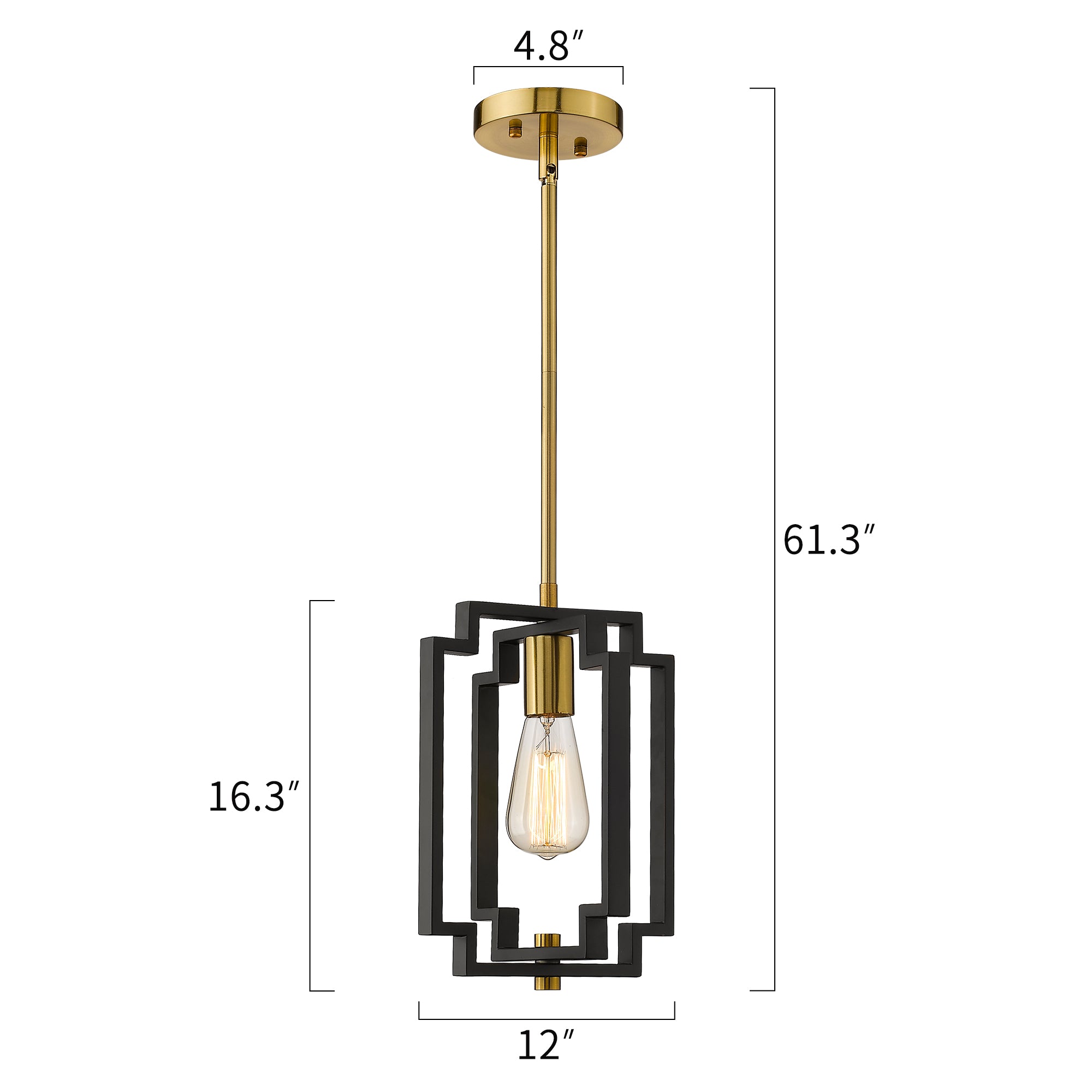 Matte Black & Gold Glass & Metal - Industrial Pendant Light 1-Light Kitchen Hanging Light Fixture Adjustable, Black and Gold Finish - USAG00072