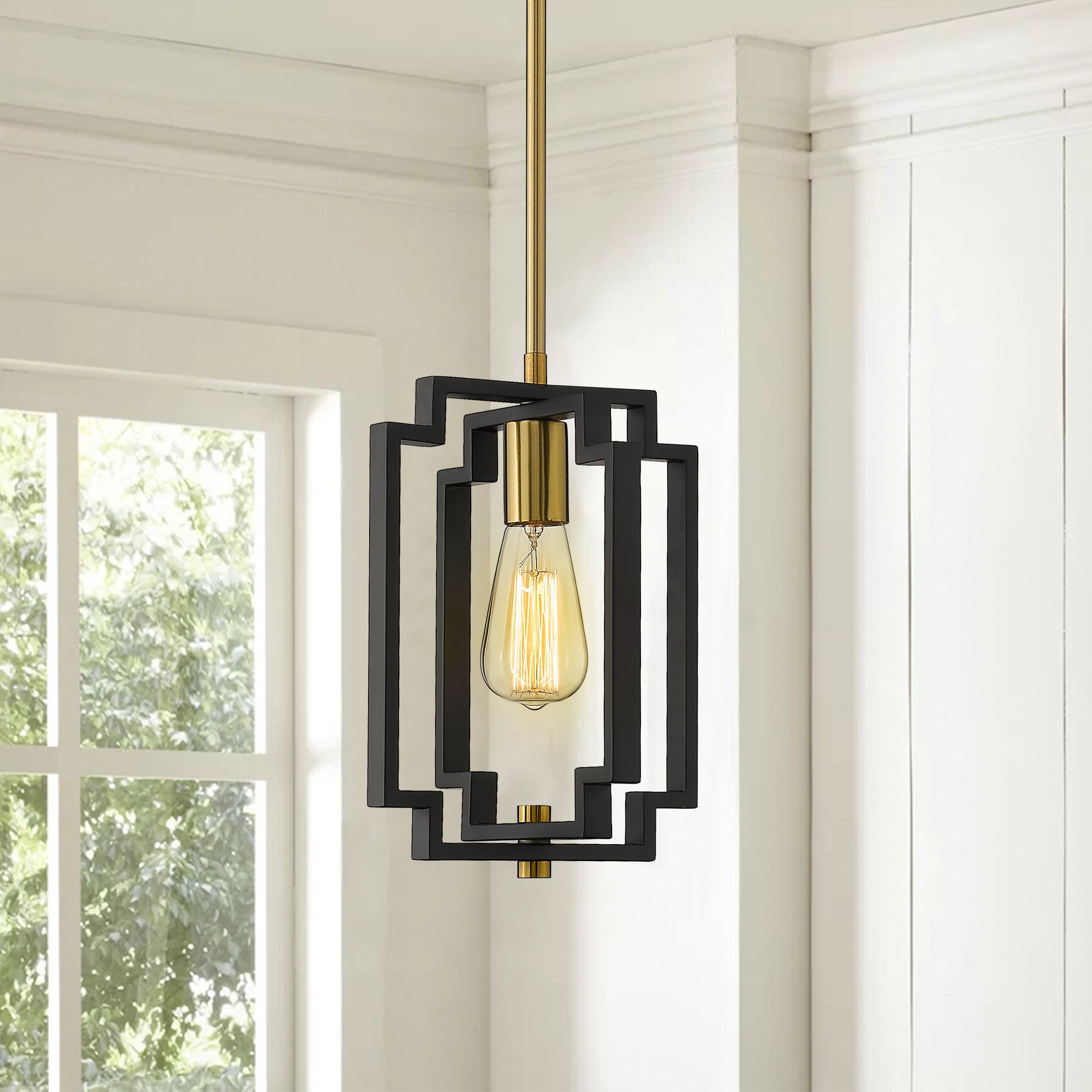 Matte Black & Gold Glass & Metal - Industrial Pendant Light 1-Light Kitchen Hanging Light Fixture Adjustable, Black and Gold Finish - USAG00072