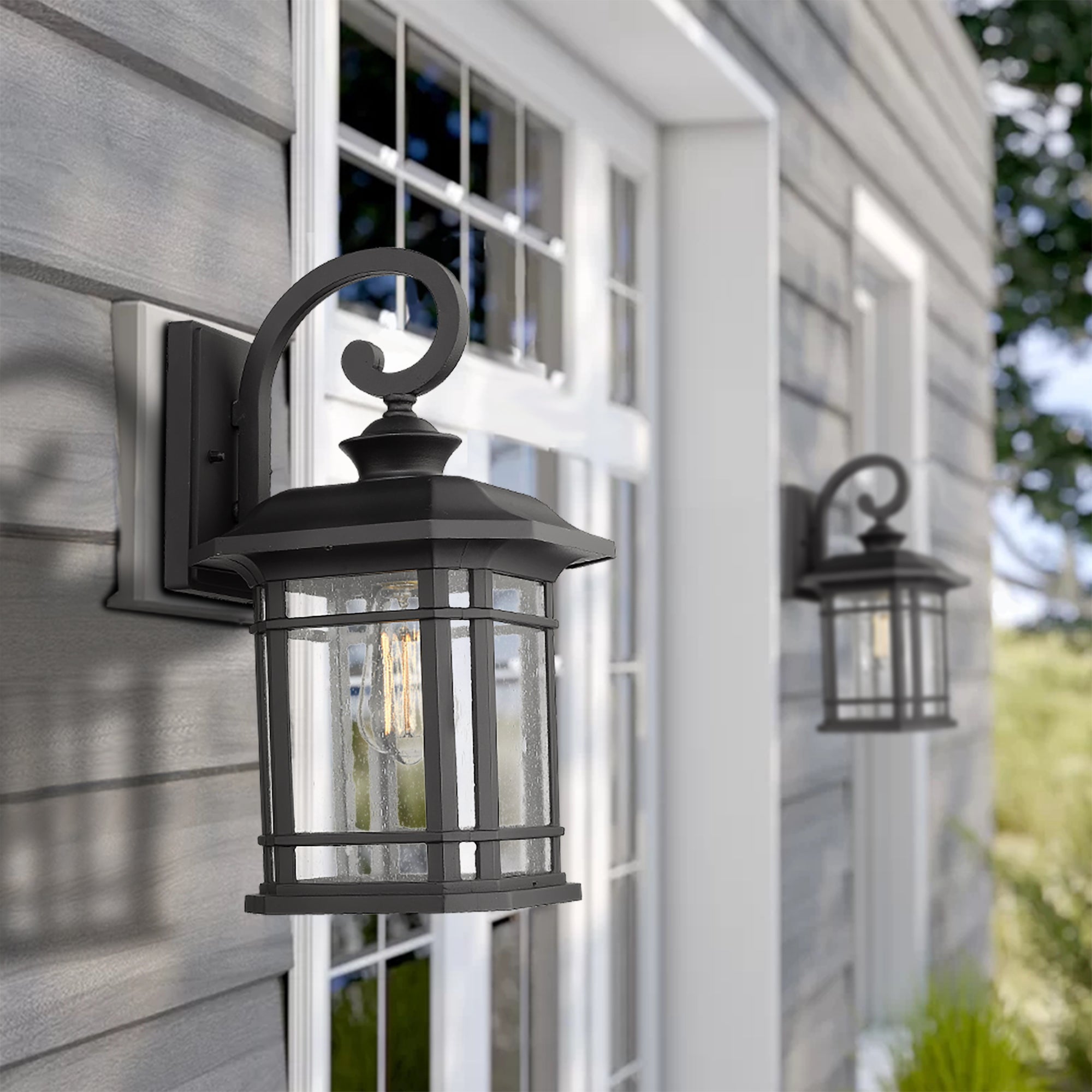 Matte Black Glass & Metal - 17 Inch 1-Light Exterior Wall Sconce Black Finish with Clear Seeded Glass - USAG00073