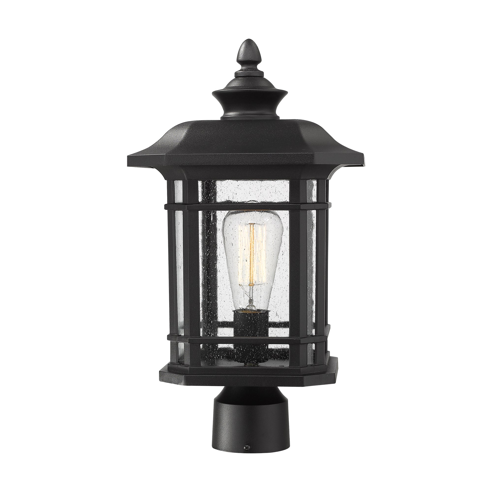 Matte Black Glass & Metal - 17 Inch 1-Light Exterior Post Light in Black Finish with Seeded Glass - USAG00075