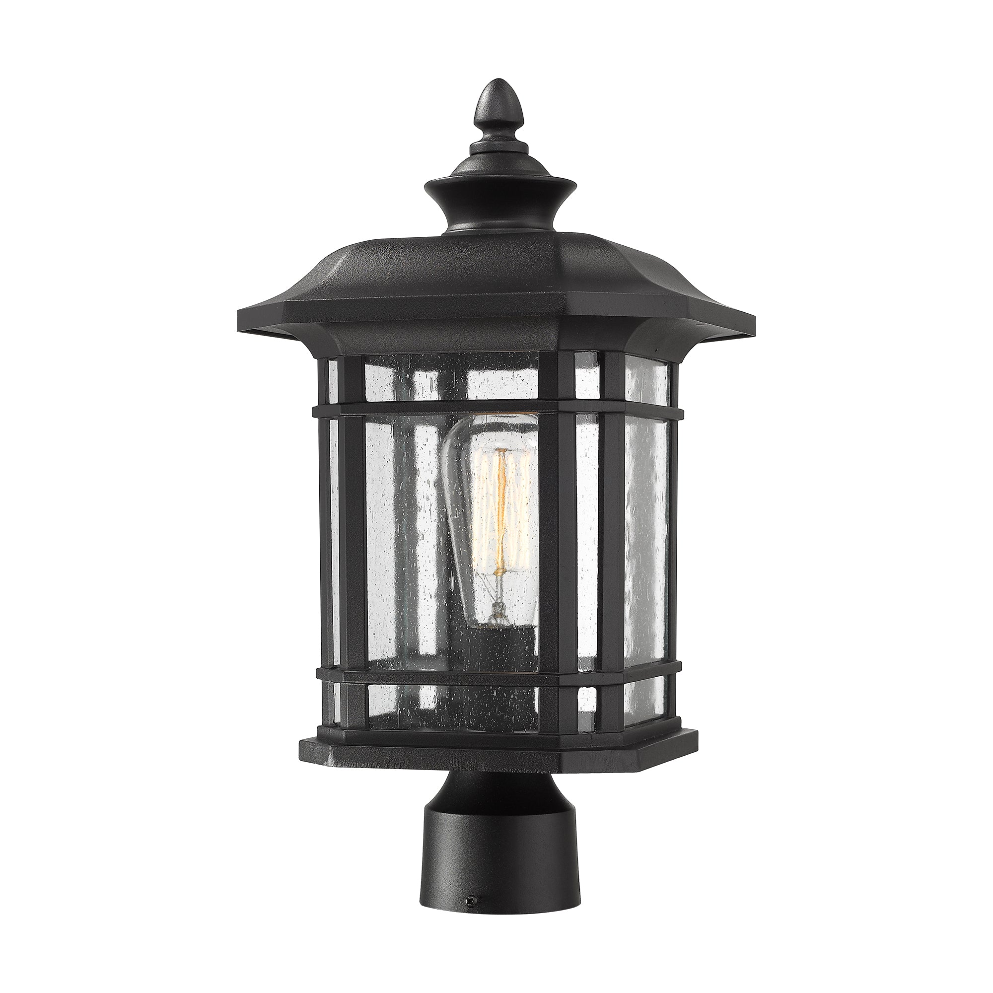 Matte Black Glass & Metal - 17 Inch 1-Light Exterior Post Light in Black Finish with Seeded Glass - USAG00075