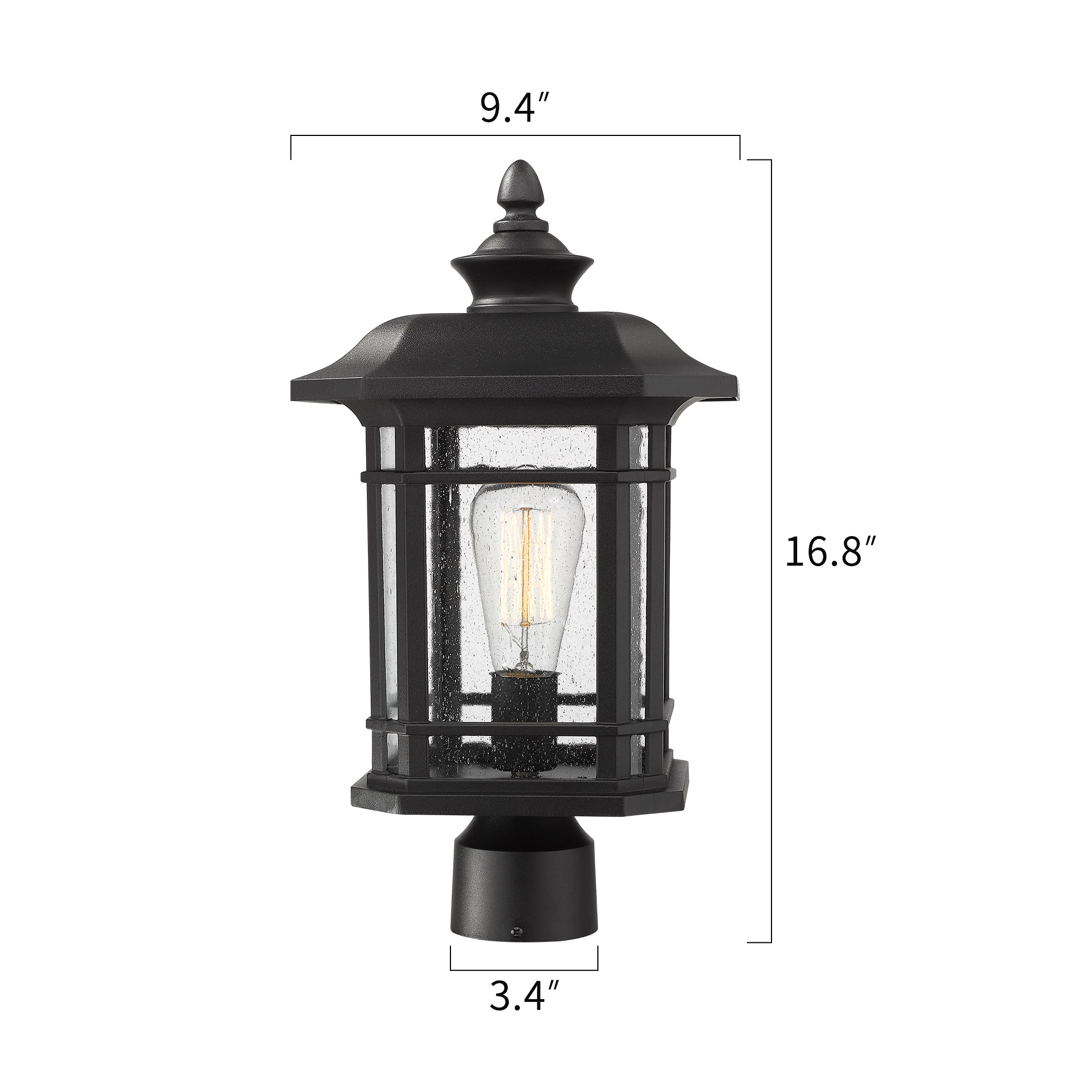 Matte Black Glass & Metal - 17 Inch 1-Light Exterior Post Light in Black Finish with Seeded Glass - USAG00075