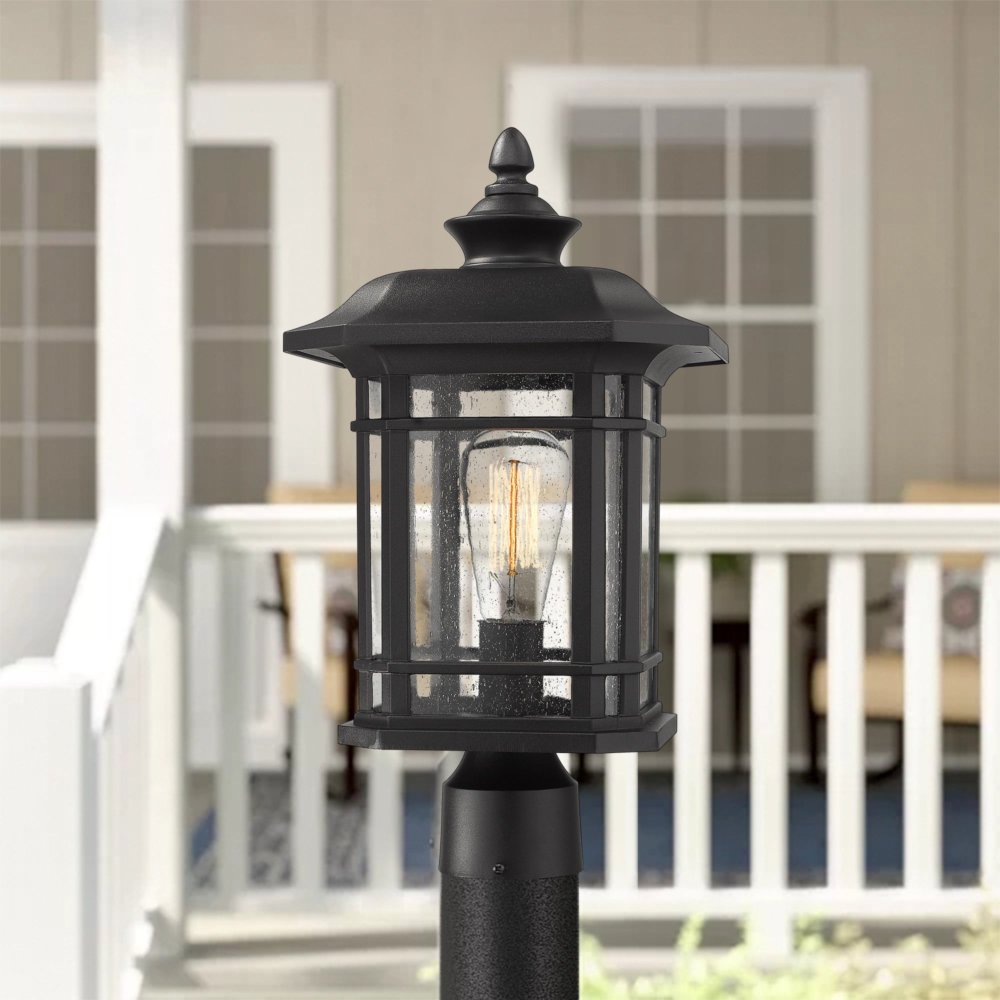 Matte Black Glass & Metal - 17 Inch 1-Light Exterior Post Light in Black Finish with Seeded Glass - USAG00075