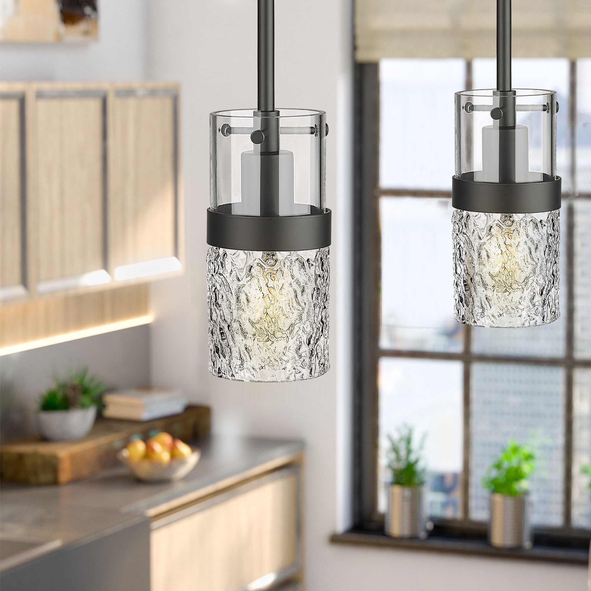 Matte Black Glass & Metal - Pendant Lights Modern Industrial Pendant Lighting For Kitchen Island With Hammered Glass - USAG00077