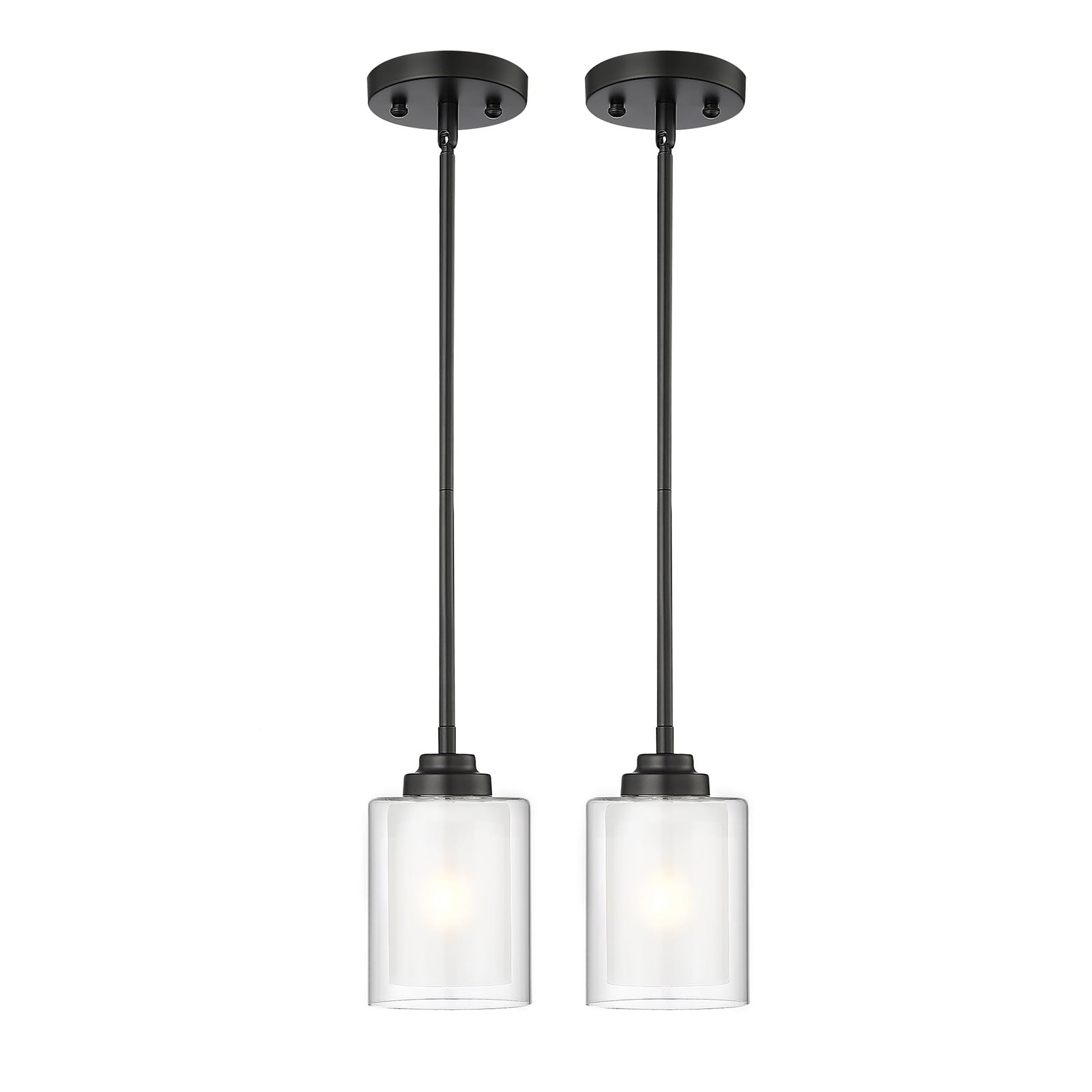 2 Pack Modern Black Finish with Dual Glass Shade - 5 inch Pendant Light Hanging Light Fixtures - USAG00079