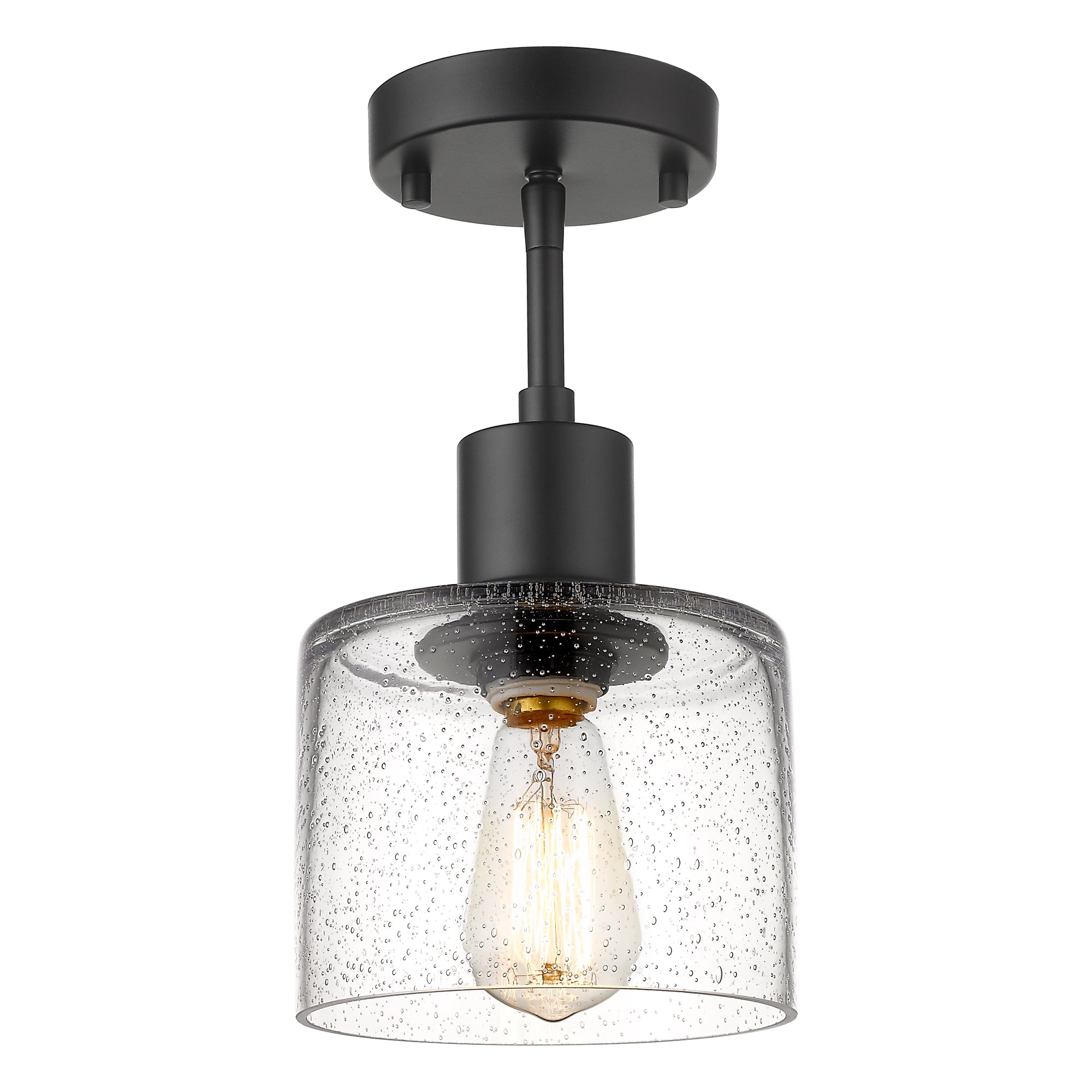 Modern Farmhouse Semi Flush Mount in Matte Black Finish with Seed Glass - 7 inch 1-Light Ceiling Light Fixture - USAG00080