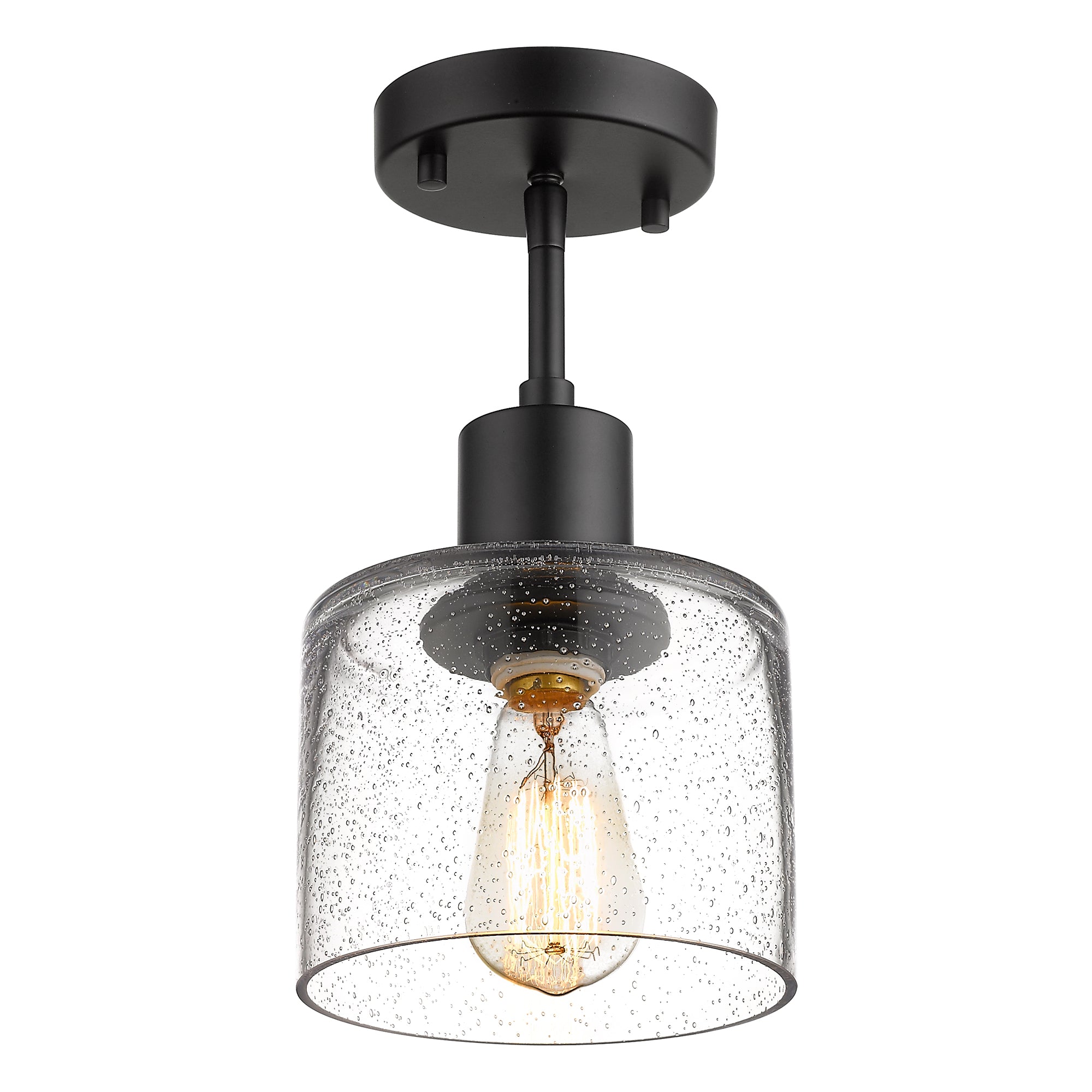 Modern Farmhouse Semi Flush Mount in Matte Black Finish with Seed Glass - 7 inch 1-Light Ceiling Light Fixture - USAG00080