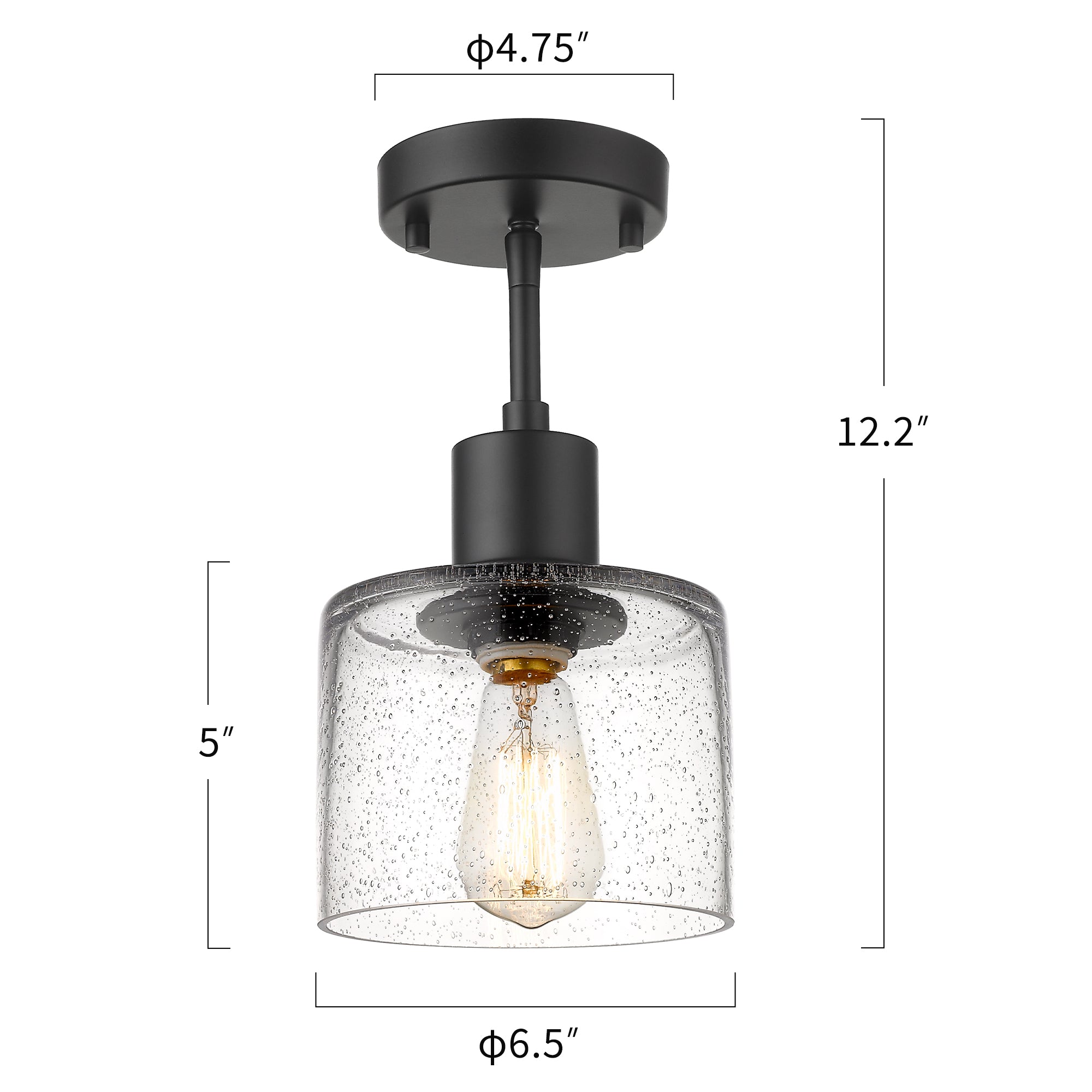 Modern Farmhouse Semi Flush Mount in Matte Black Finish with Seed Glass - 7 inch 1-Light Ceiling Light Fixture - USAG00080