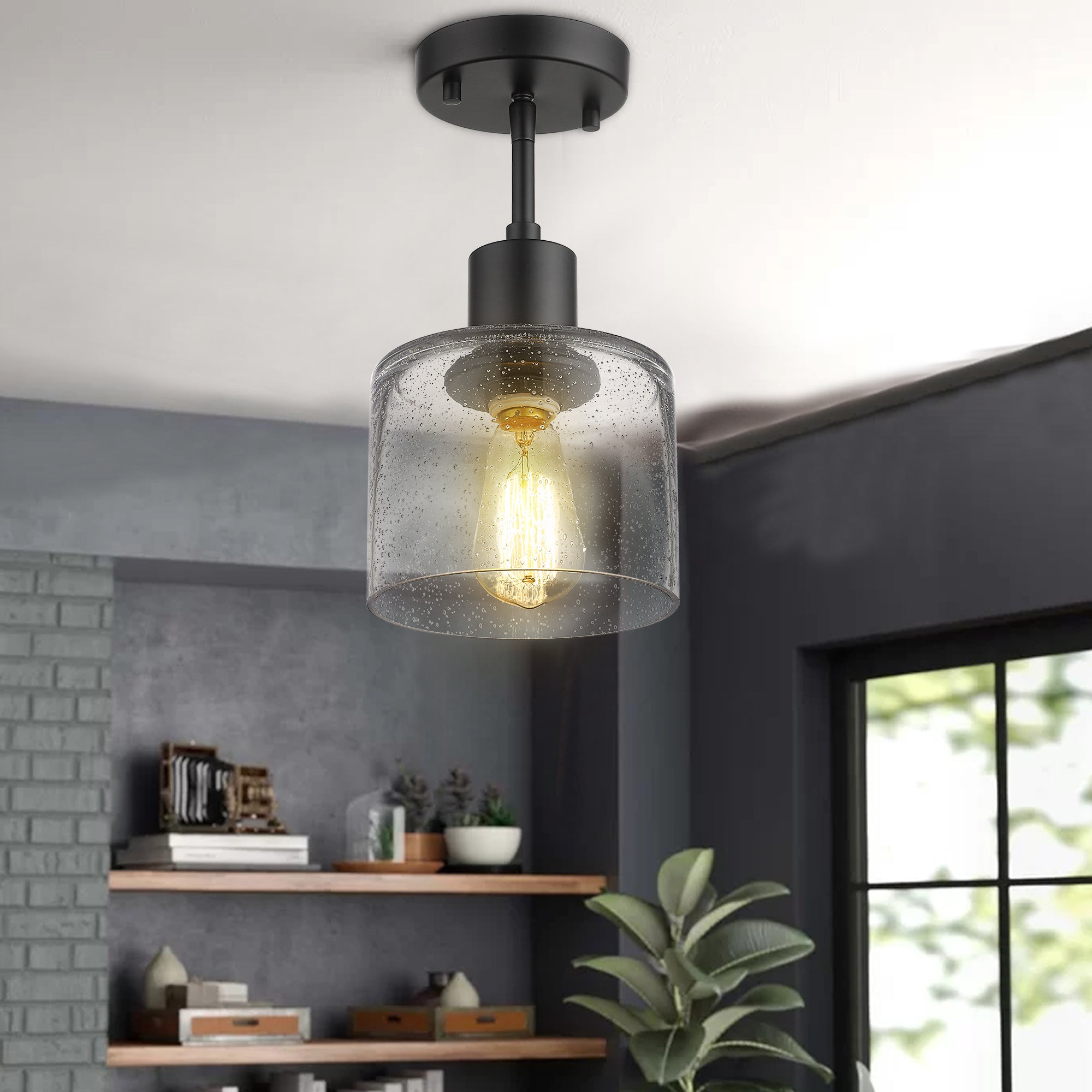 Modern Farmhouse Semi Flush Mount in Matte Black Finish with Seed Glass - 7 inch 1-Light Ceiling Light Fixture - USAG00080