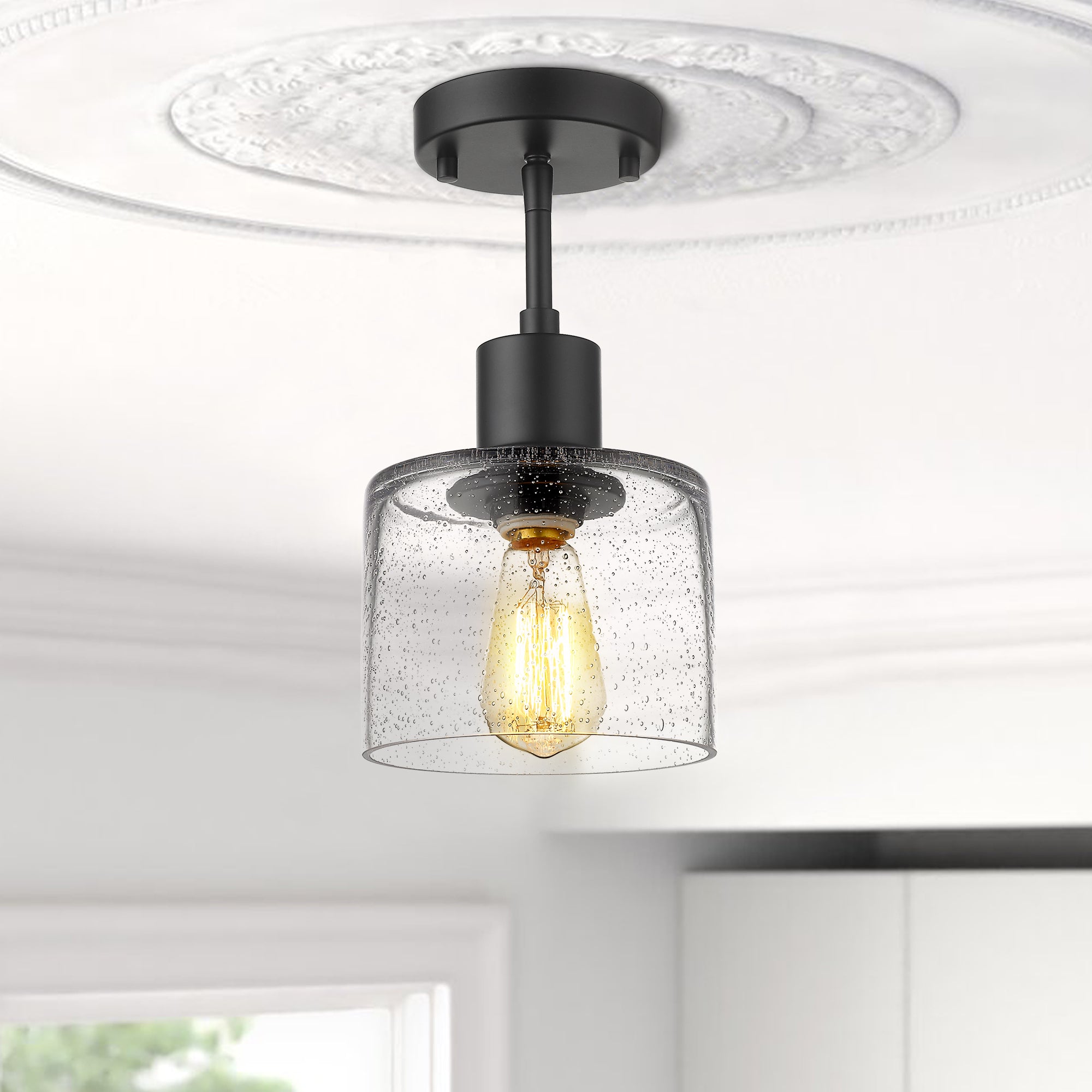 Modern Farmhouse Semi Flush Mount in Matte Black Finish with Seed Glass - 7 inch 1-Light Ceiling Light Fixture - USAG00080