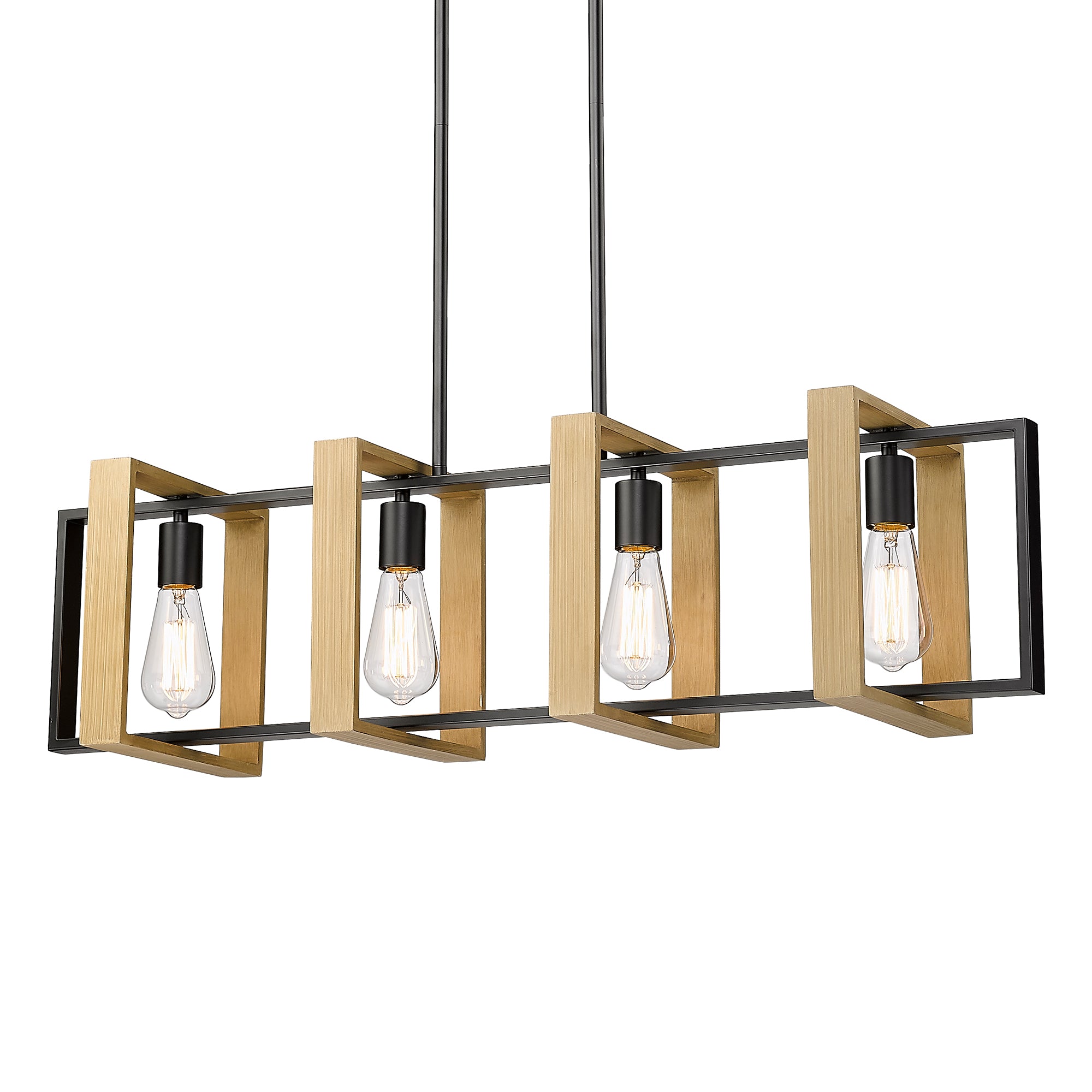 Rustic with Matte Black Solid Wood Metal Frame - 35 inch 4-Light Kitchen Island Lighting Pendant Lights Hanging Light - USAG00082