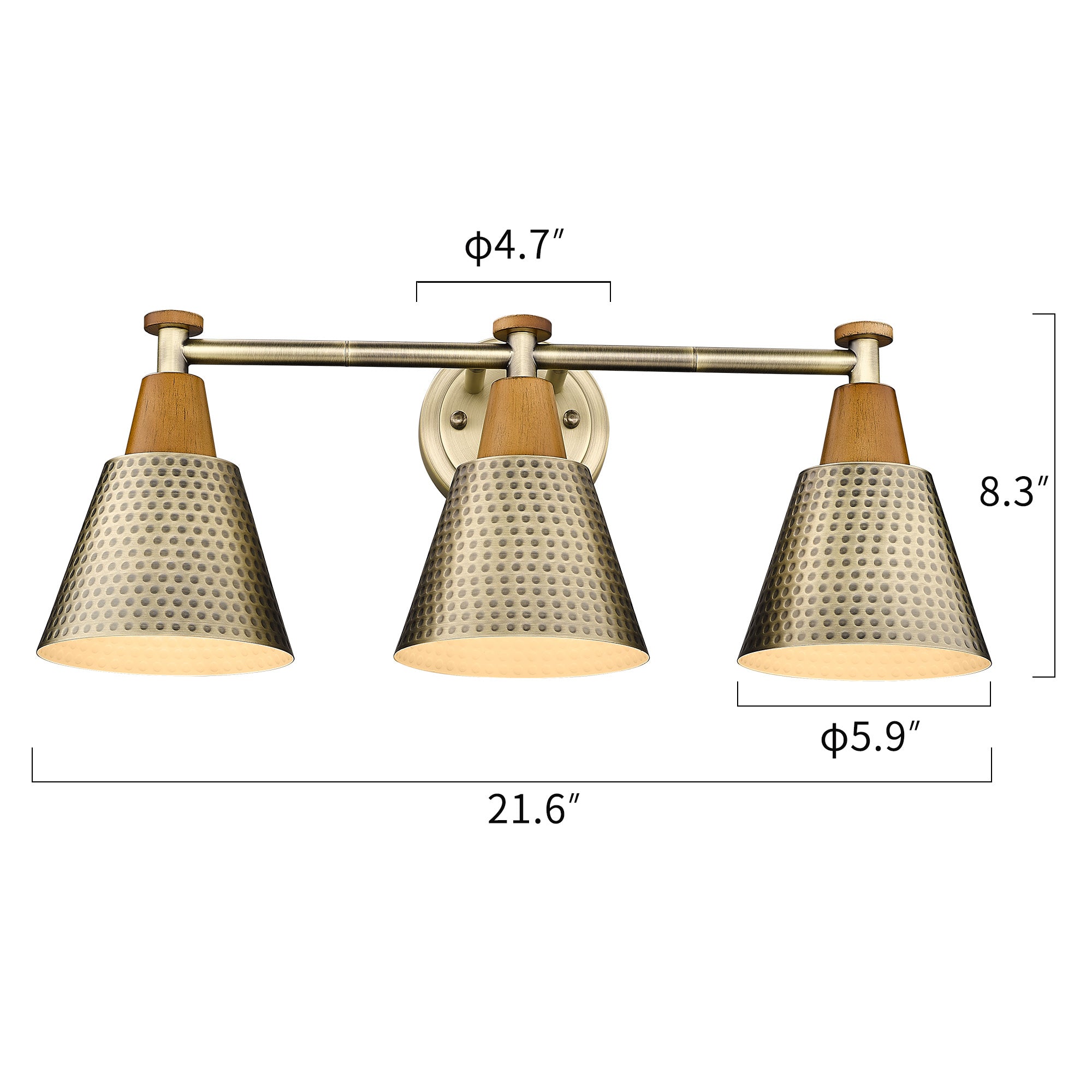 Brass Gold & Wood Grain with Hammered Metal Shade - 21.6 inch 3-Light Wall Sconces Vanity Light - USAG00084