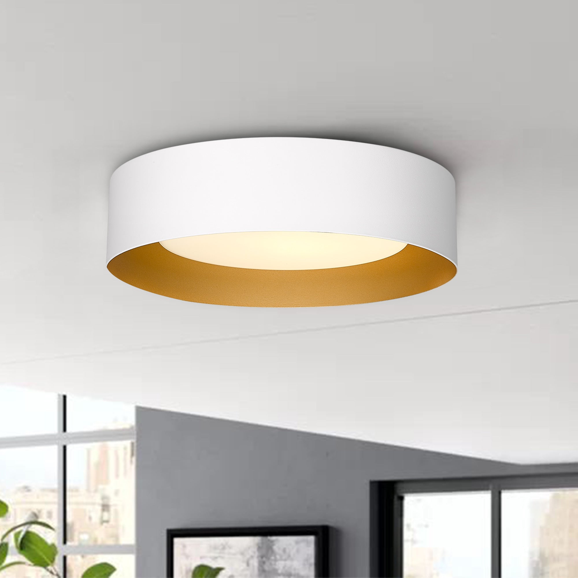 White & Gold Glass & Metal - 14" LED Flush Mount Ceiling Light - USAG00085