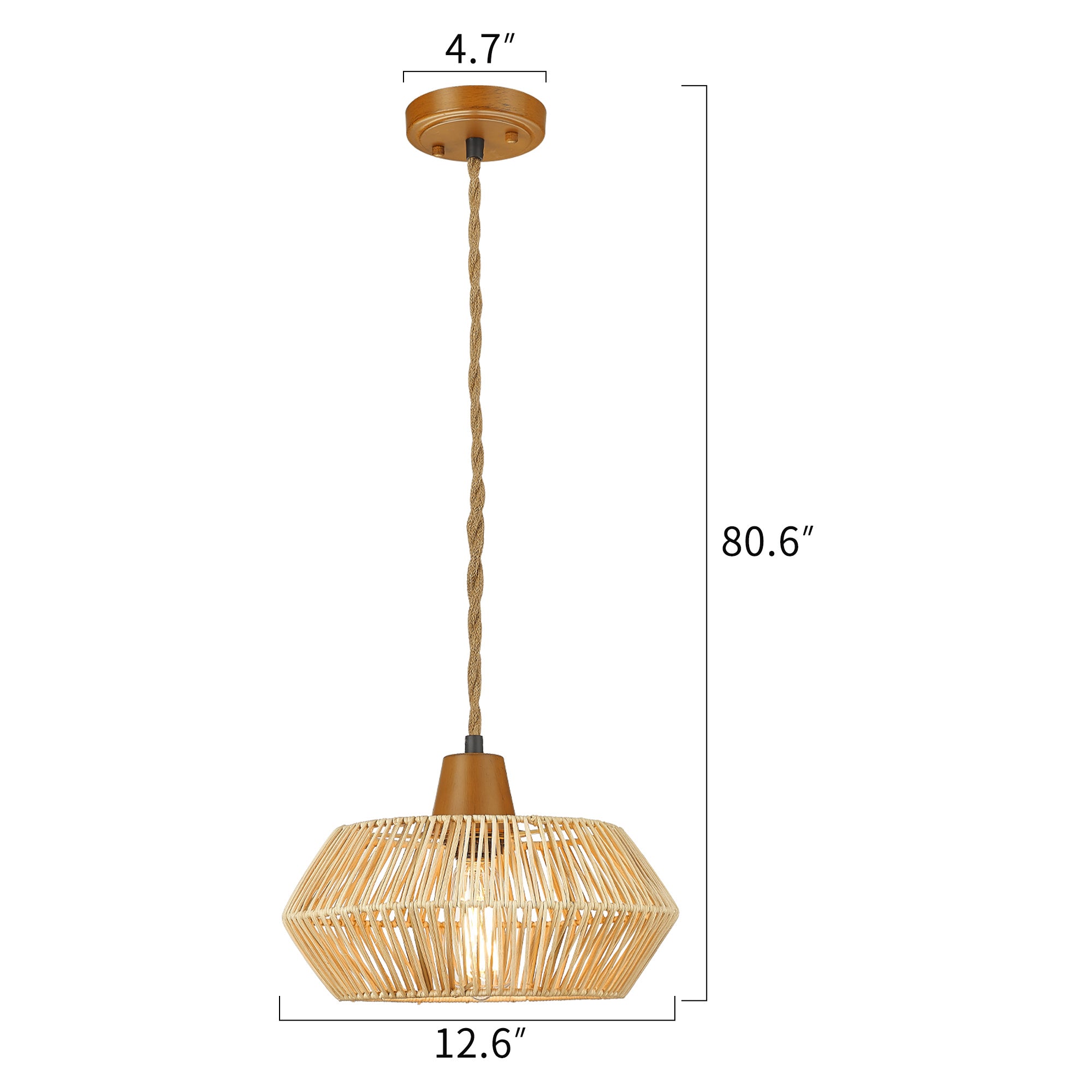 Rattan Boho Woven Chandelier - 13 inch Pendant Light Fixtures with Hemp Rope - USAG00089