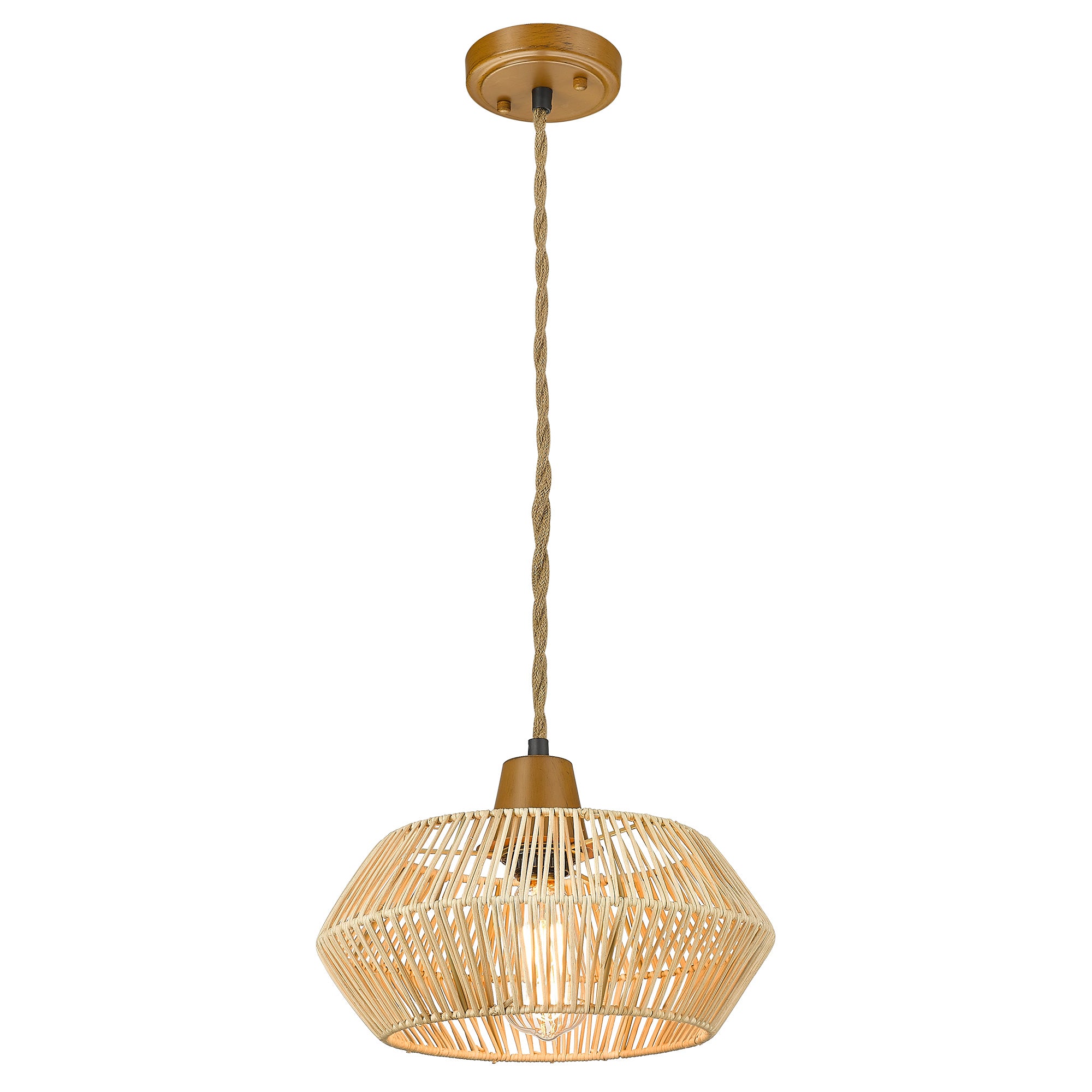 Rattan Boho Woven Chandelier - 13 inch Pendant Light Fixtures with Hemp Rope - USAG00089