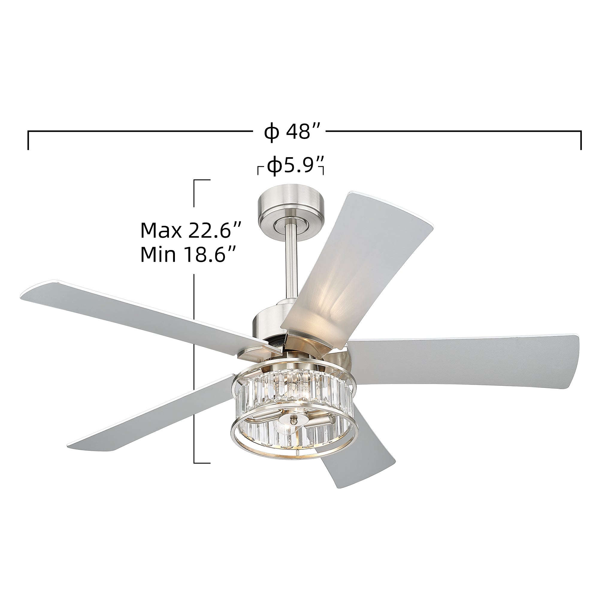 48 Inch Brushed Nickel Ceiling Fan - USAG00092 - Modern Crystal Ceiling Fan with Lights and Remote Control, 5-Reversible Blades with Gray/Wooden Finish