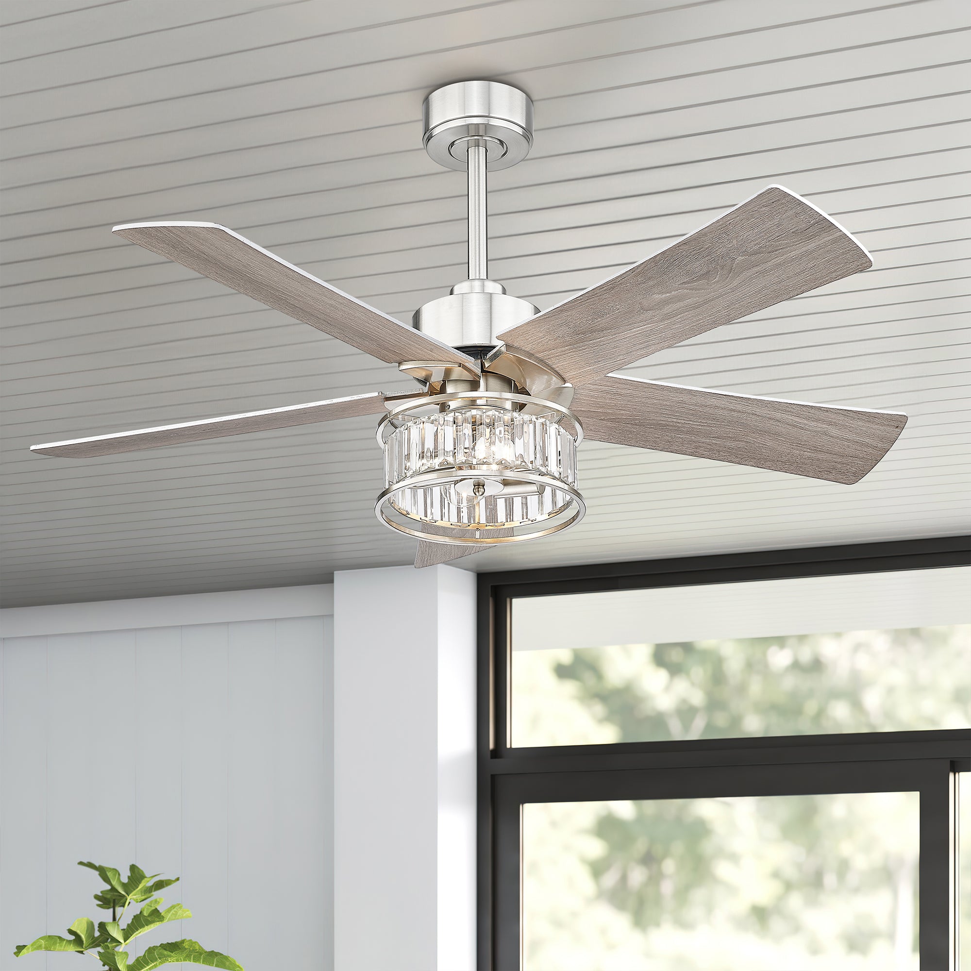 48 Inch Brushed Nickel Ceiling Fan - USAG00092 - Modern Crystal Ceiling Fan with Lights and Remote Control, 5-Reversible Blades with Gray/Wooden Finish