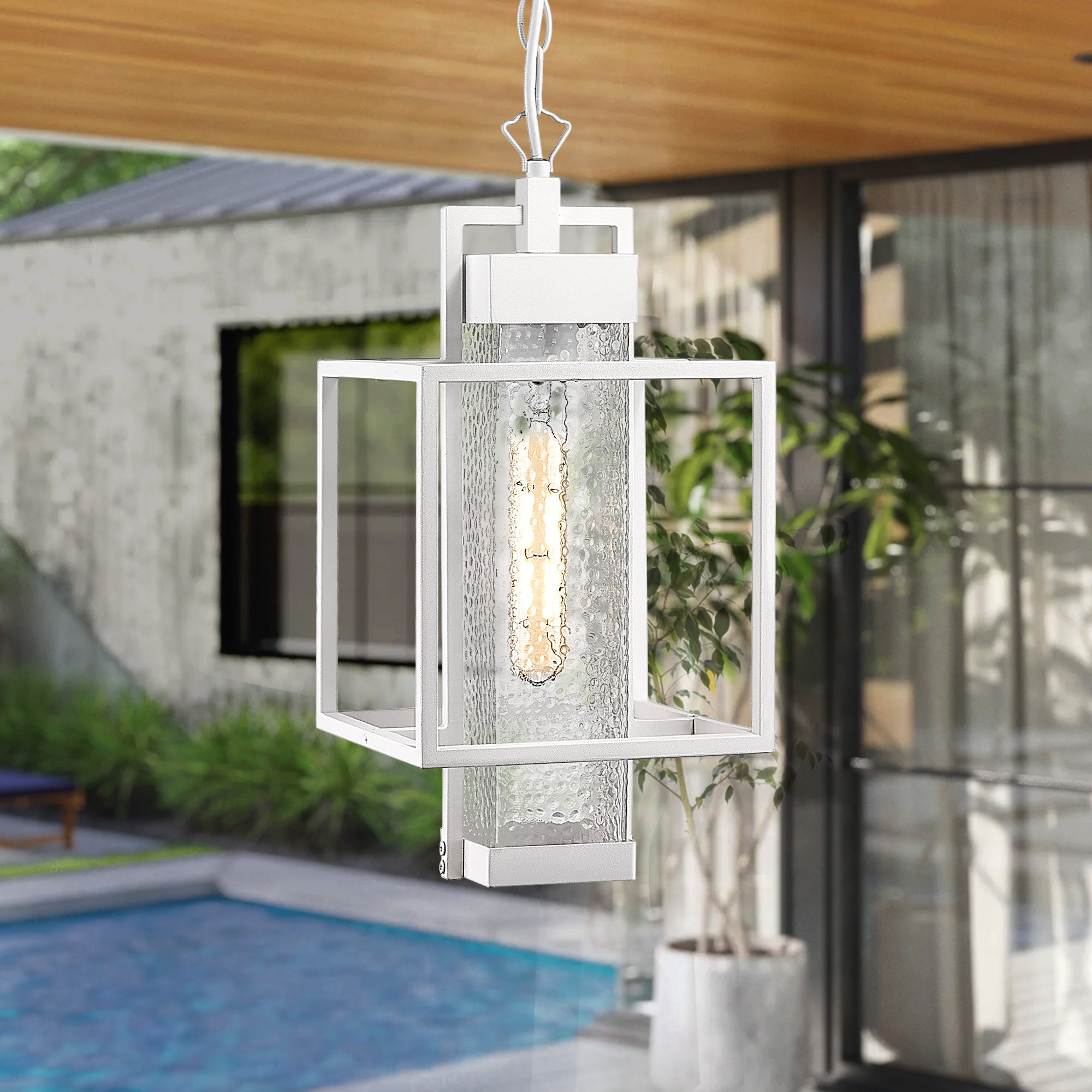 Aluminum Sand White Finish with Bubble Glass - 14 inch Gazebo Waterproof Outdoor Hanging Light Pendant Light - USAG00093