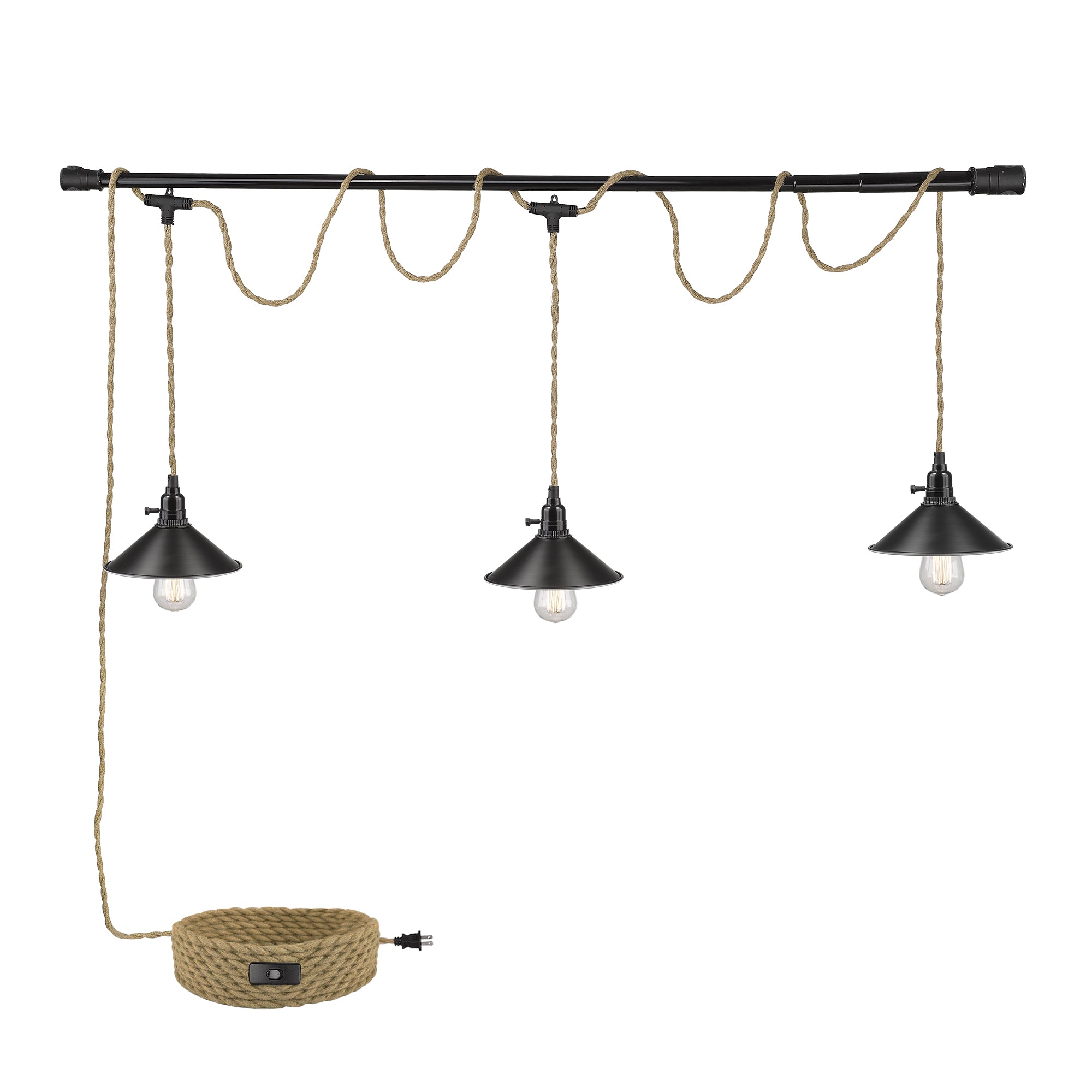 Industrial Black Finish Hanging Lamp - 8 inch 3-Light Plug in Pendant Light with 29FT Twisted Hemp Rope - USAG00095