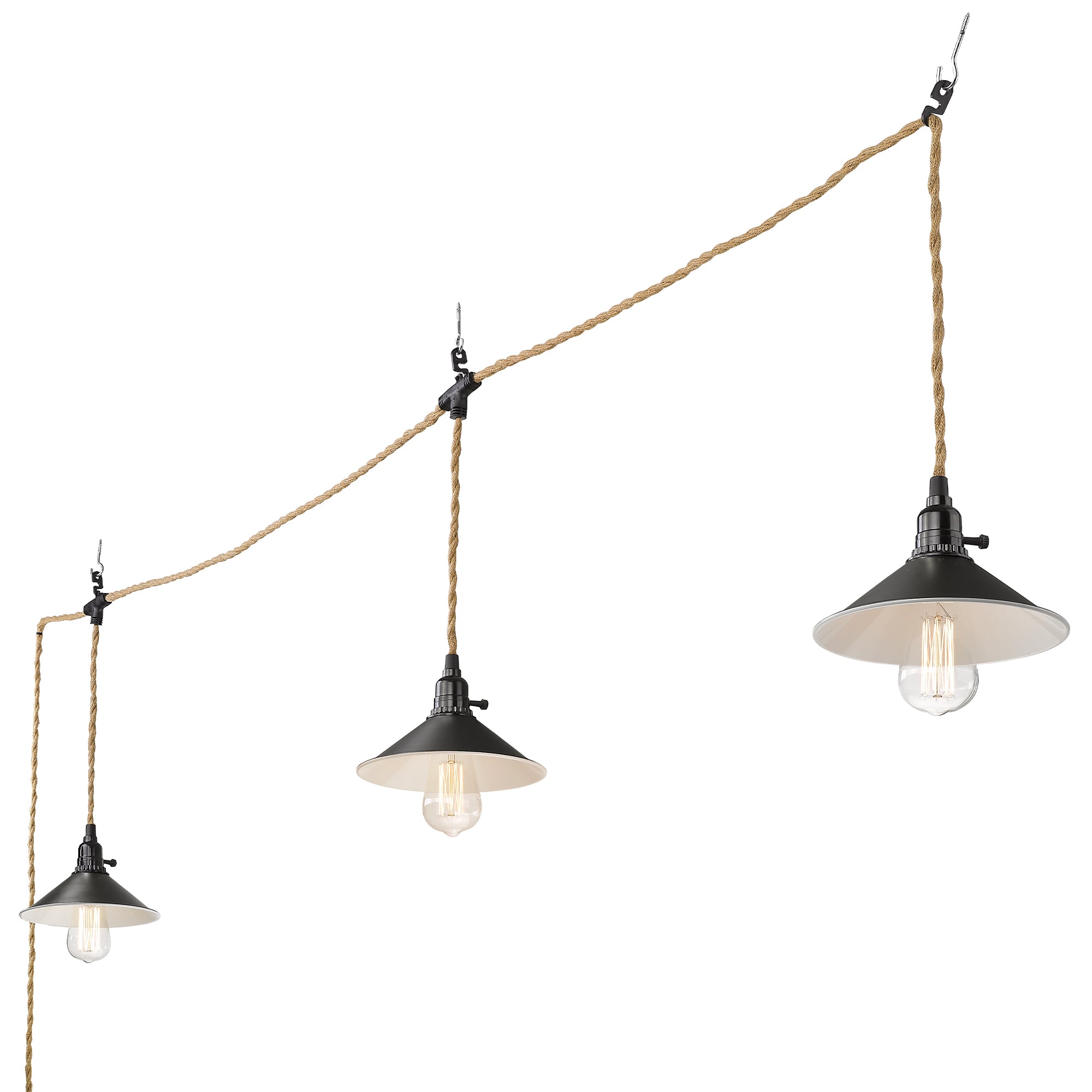 Industrial Black Finish Hanging Lamp - 8 inch 3-Light Plug in Pendant Light with 29FT Twisted Hemp Rope - USAG00095