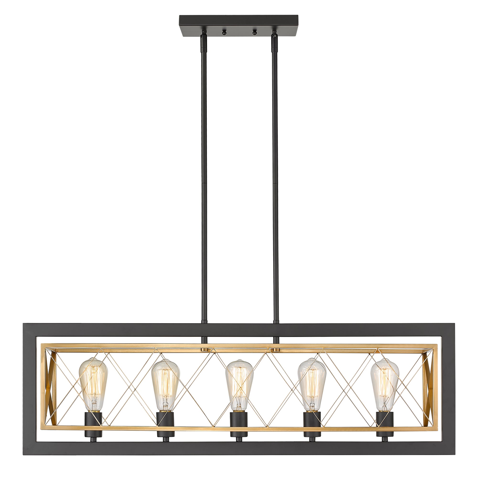 Matte Black & Gold Metal - 5-Light Kitchen Island Lighting Modern Linear Rectangle Pendant Light Fixture for Dining Room Kitchen - USAG00097