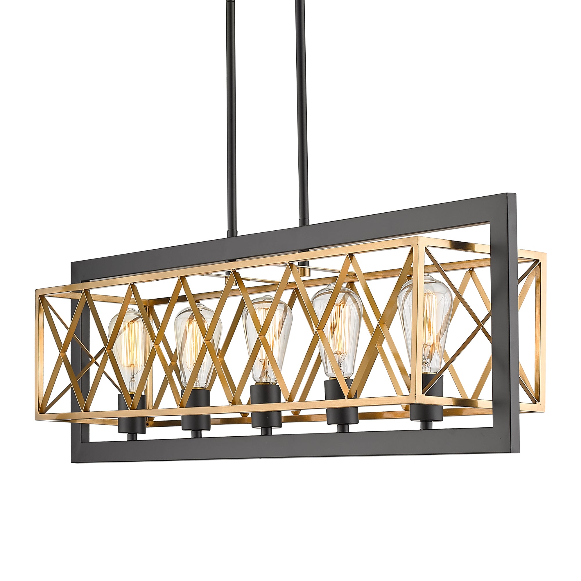 Matte Black & Gold Metal - 5-Light Kitchen Island Lighting Modern Linear Rectangle Pendant Light Fixture for Dining Room Kitchen - USAG00097