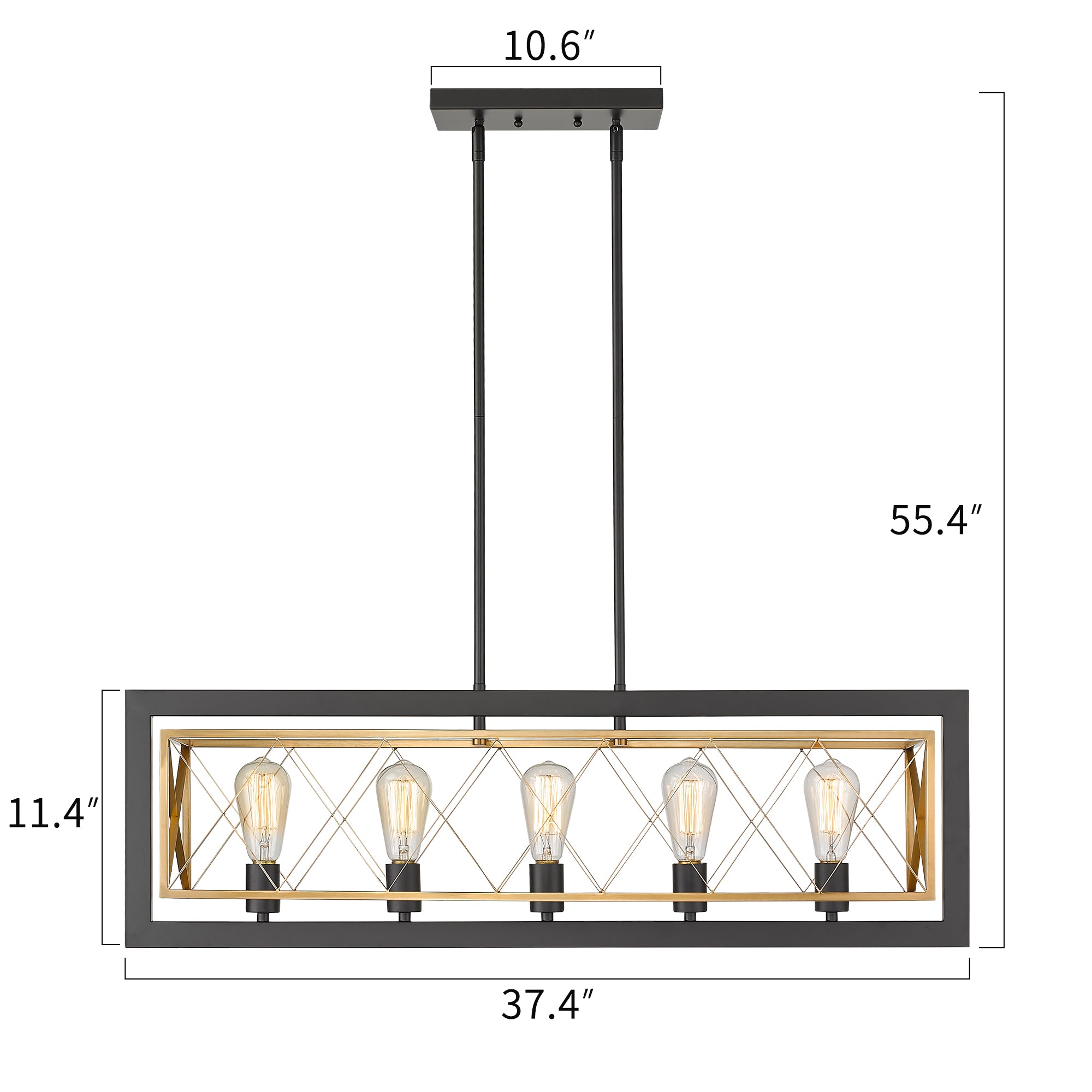 Matte Black & Gold Metal - 5-Light Kitchen Island Lighting Modern Linear Rectangle Pendant Light Fixture for Dining Room Kitchen - USAG00097